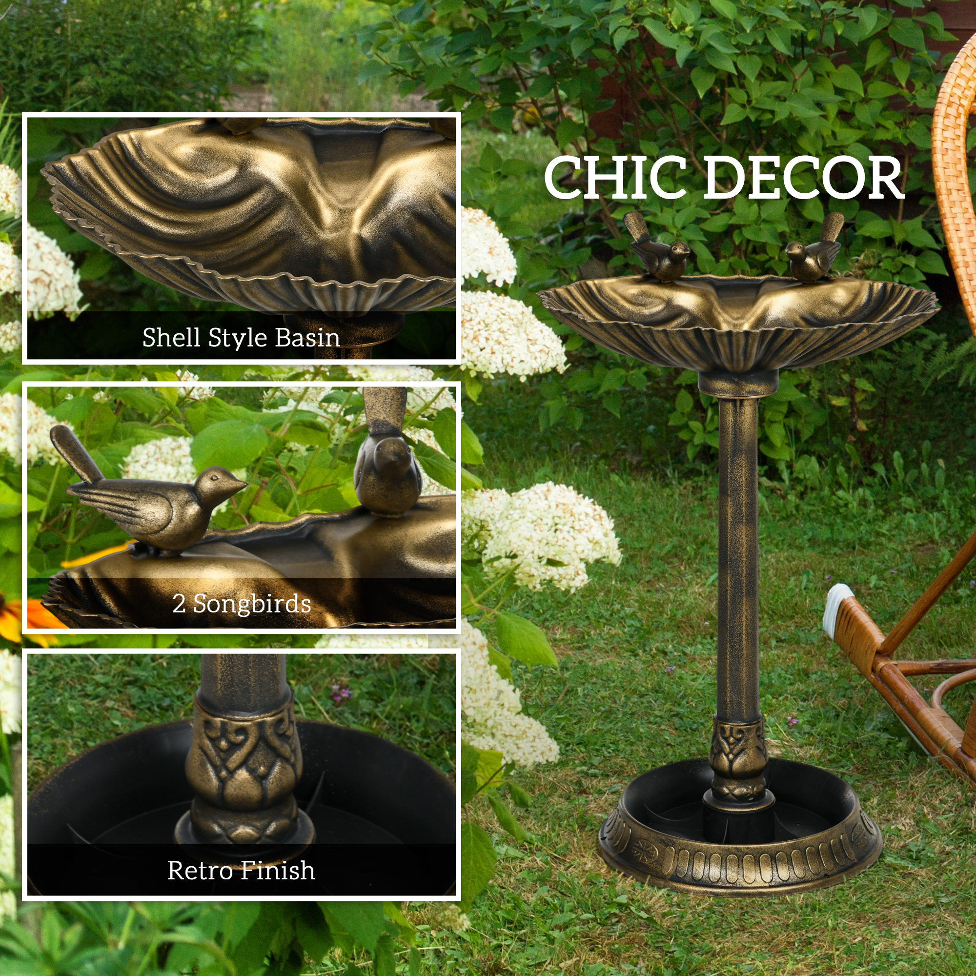 32" Antique Bird Bath Decorative Birdbath Bird Feeder Bowl With Planter Pedestal And Bird Statues, Bronze — imagen 3