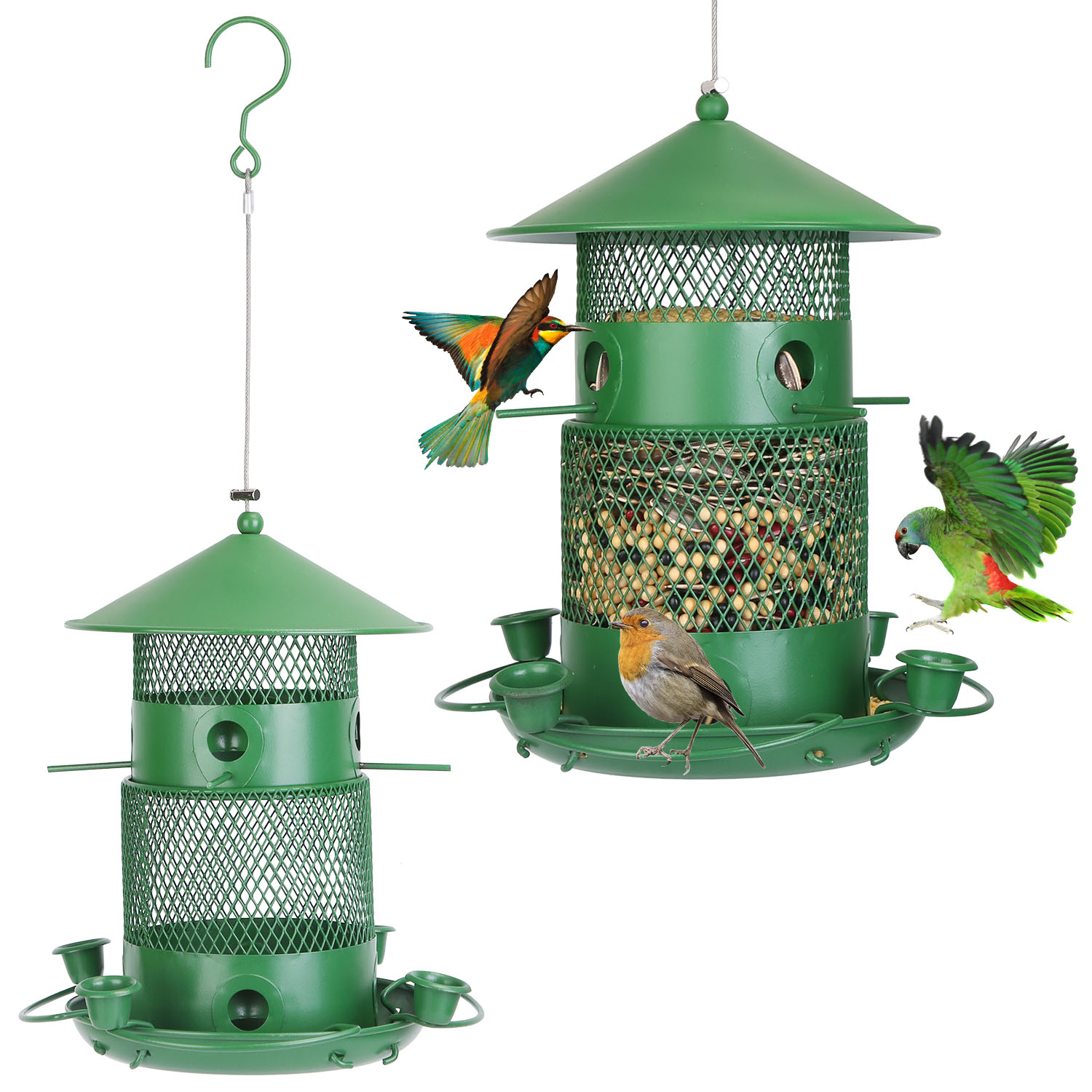 Comedor de Pájaros Silvestres Prueba de Ardillas Resistente al Mordisco Metalúrgico Comedor de Semillas para Jardín Patio Exterior con Perchas Circulares 360° Tazas de Agua para Primavera Verano — imagen 9