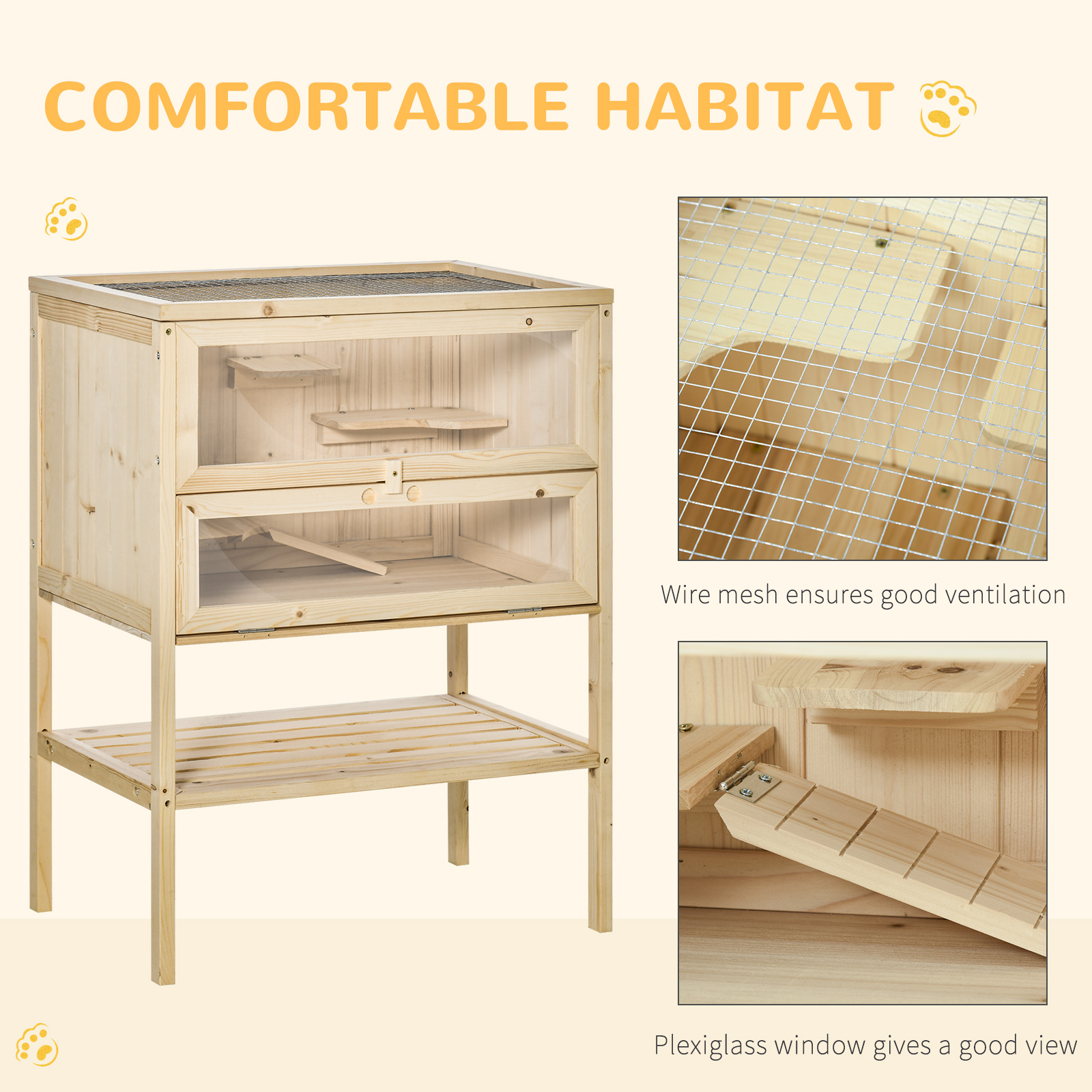 Jaula de Madera para Hámster de 3 Niveles, Jaula para Ratones y Ratas, Conejera para Animales Pequeños con Tapa Abatible, Puerta Frontal y Estante, Madera Natural — imagen 7