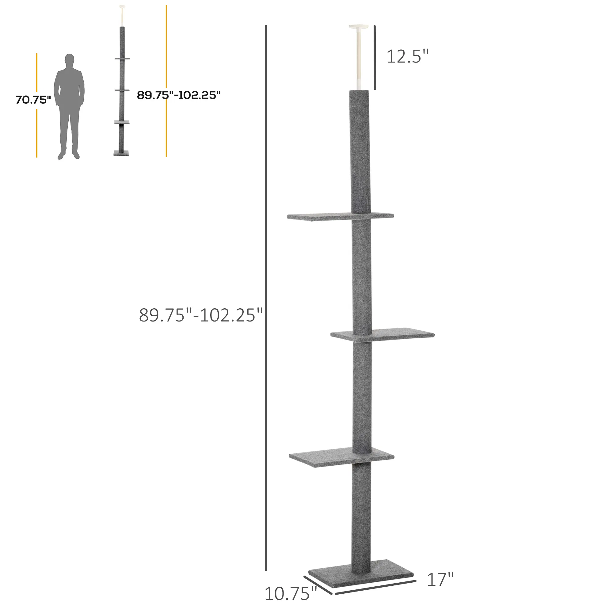 100" Floor To Ceiling Cat Tree w/ 3 Perches Activity Center for Kittens Cat Tower Furniture, Grey — image 6