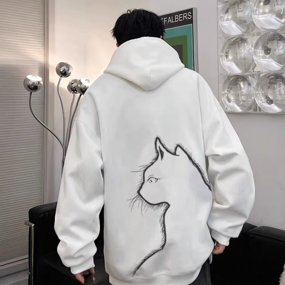 Unisex Casual Cartoon Cat Print Long Sleeve Fleece Lined Hooded Sweatshirt — image 2