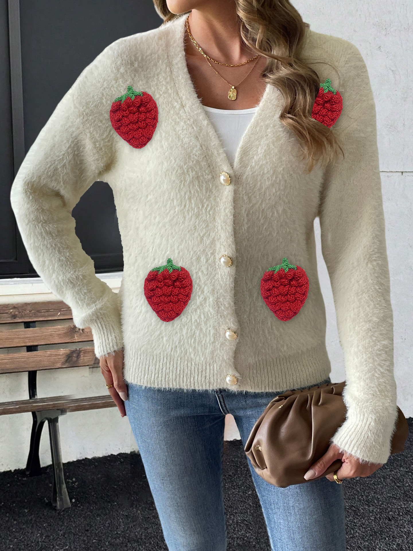 Ladies' Faux Mink Coat Women's Pearl Button Four-Button 3D Embroidery Strawberry Patchwork Knit Cardigan — image 9
