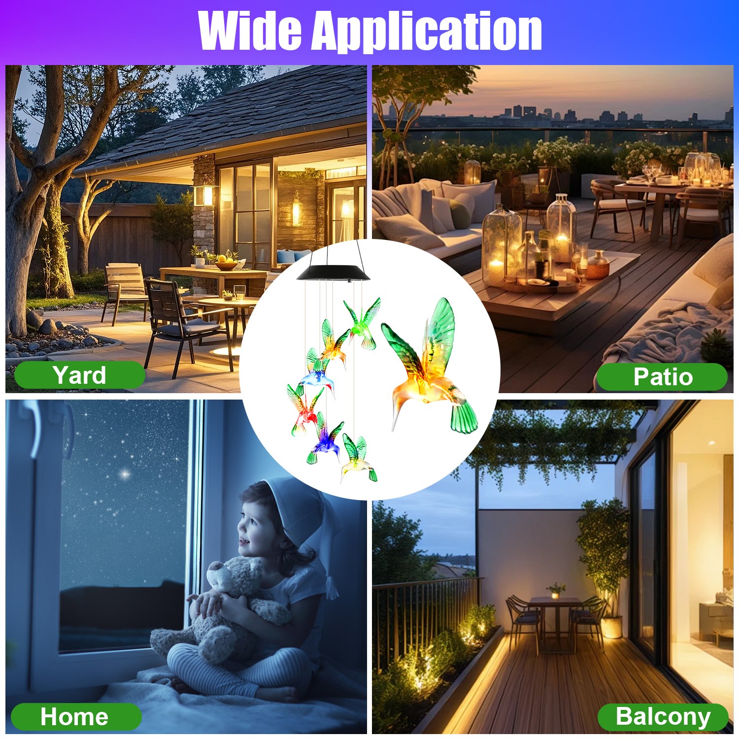 2 Piezas de Carrillón de Viento Solar de Colibrí, Cambia de Color en 7 Tonos, para Exteriores, Resistente al Agua IPX4, Decoración de Jardín y Patio — imagen 7