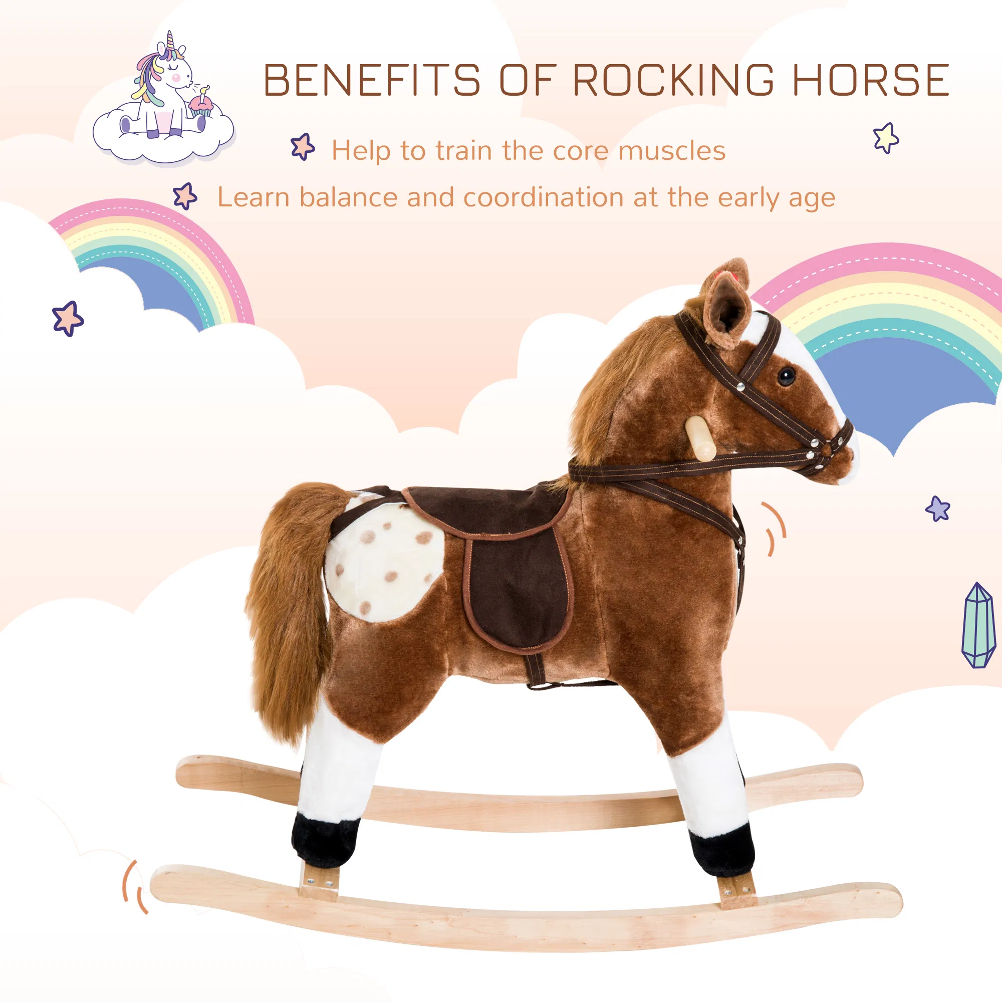 Baby Rocking Horse, Children Plush Animal Rocker, Kid Ride on Toy with Realistic Sound, Handle Grip, Brown — image 3