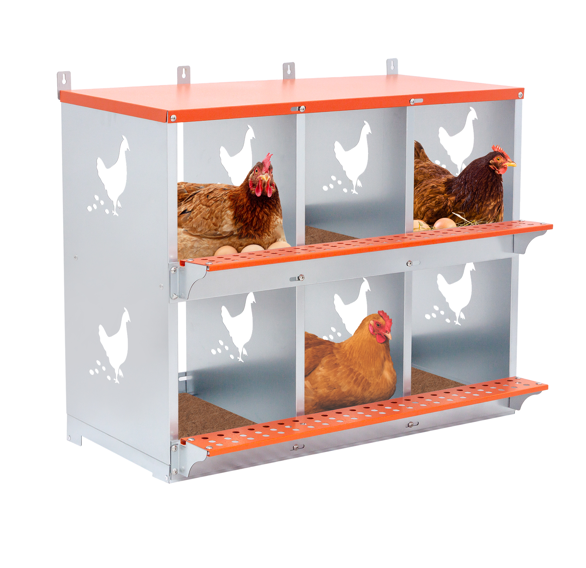 6-Bay Metal Nest Box-Wall Mount For Hens Ducks, Easy Egg Assembly, Vented Galvanized Steel Coop Equipment Orange — imagen 1