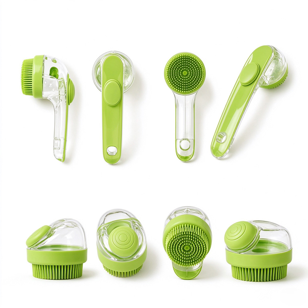 2 Pack Long & Short Handheld Dog Cat Shower Brush With Liquid Dispenser, Soft Silicone Grooming Brush For Pet Bathing & Massage — image 1