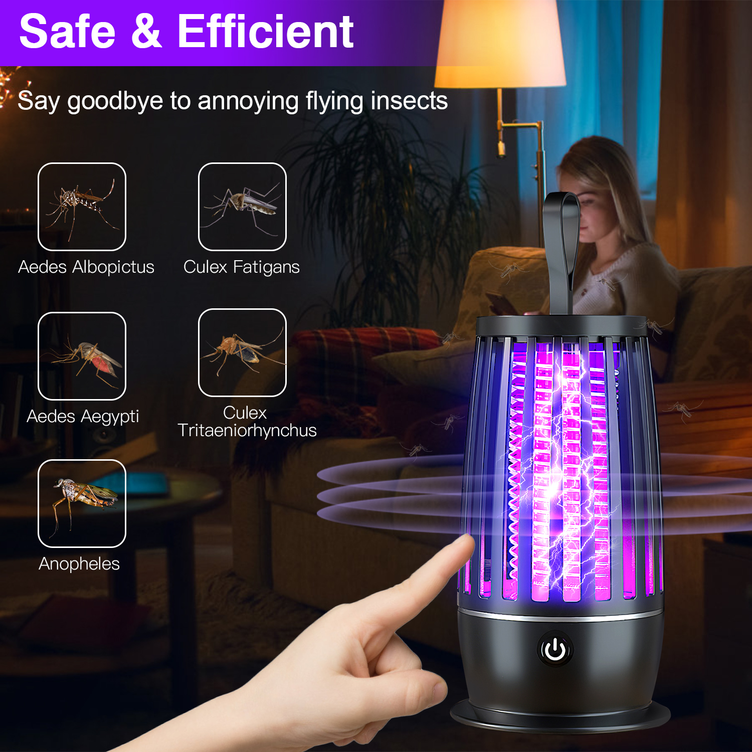 Lámpara de Asesinato de Mosquitos Recargable con Luz UV y Linterna Nocturna con Cuerda para Colgar, Captura de Mosquitos con Alcance Máximo de 1615 pies cuadrados — imagen 7