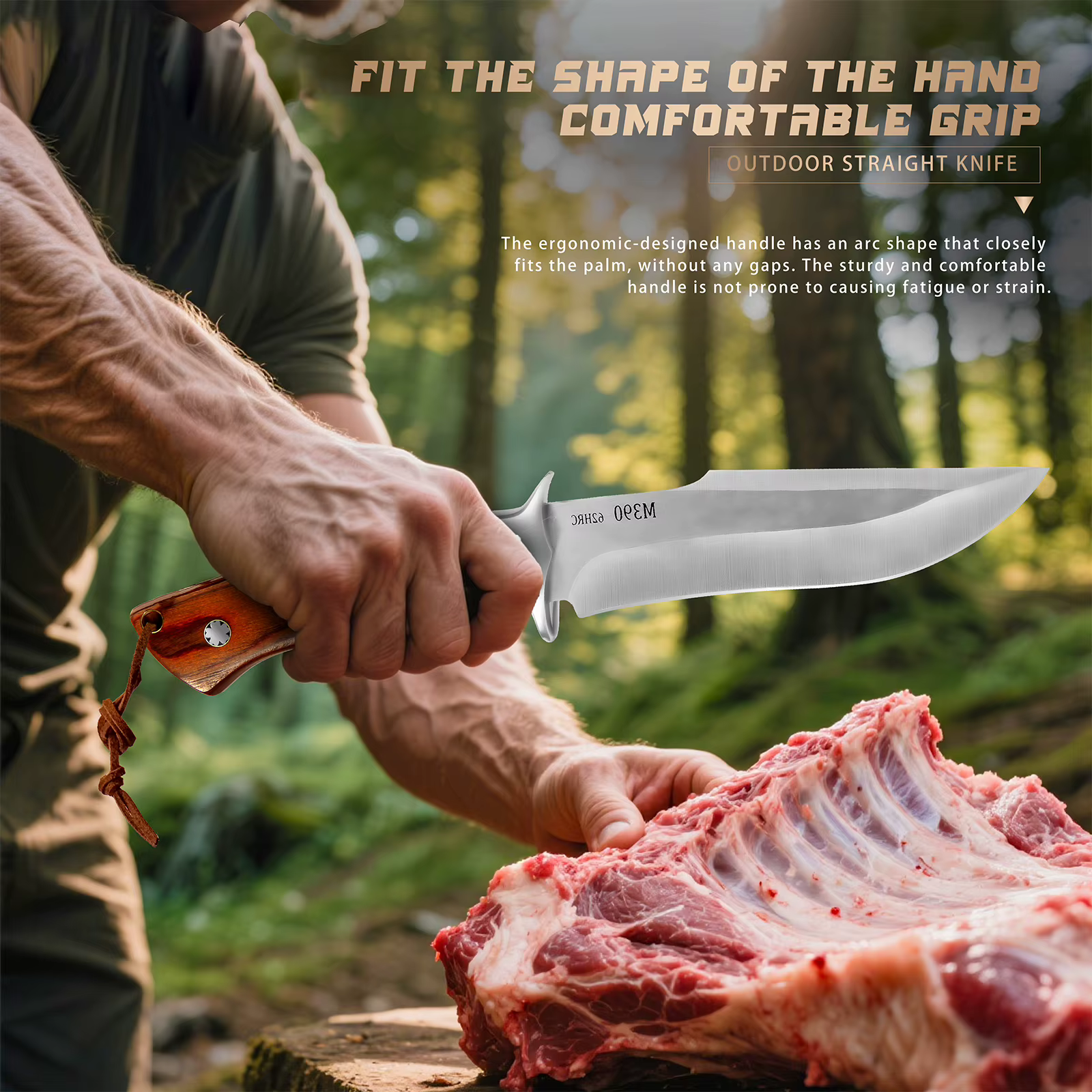 M390 Fixed Blade Hunting Knife with Wood Handle Leather Sheath Outdoor Camping Bowie Knife Gift for Men — image 3