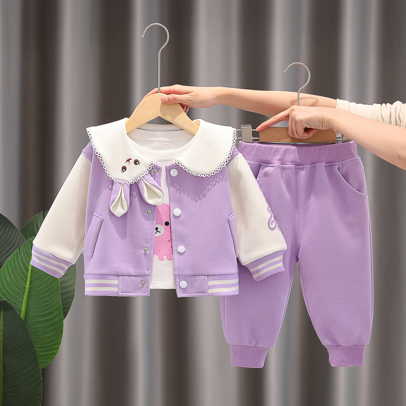 Girls 0-4 Years Old Rabbit Print Zipper Hoodie Pants Set with Wide Collar — image 8