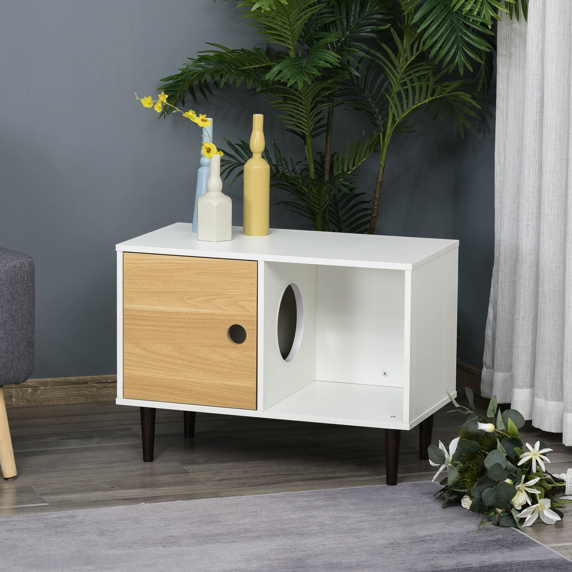 Casa de Madera para Gatos con Almohadilla Suave, Condominio Decorativo para Mascotas con Mesa Lateral y Espacio de Almacenamiento — imagen 1