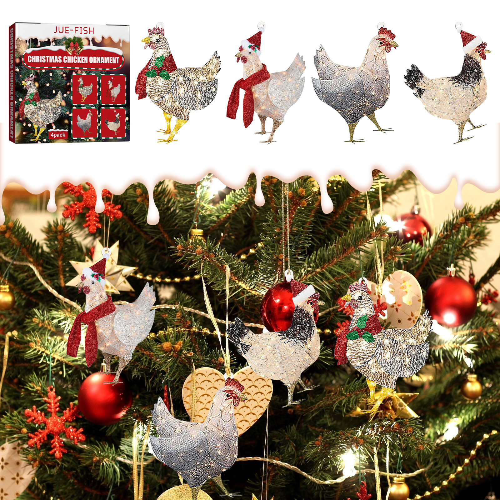 Jue-Fish Christmas Scarf Chicken Pendant Set, Decorated Chicken Pendant For Home Holiday Party Christmas Tree Atmosphere — image 5