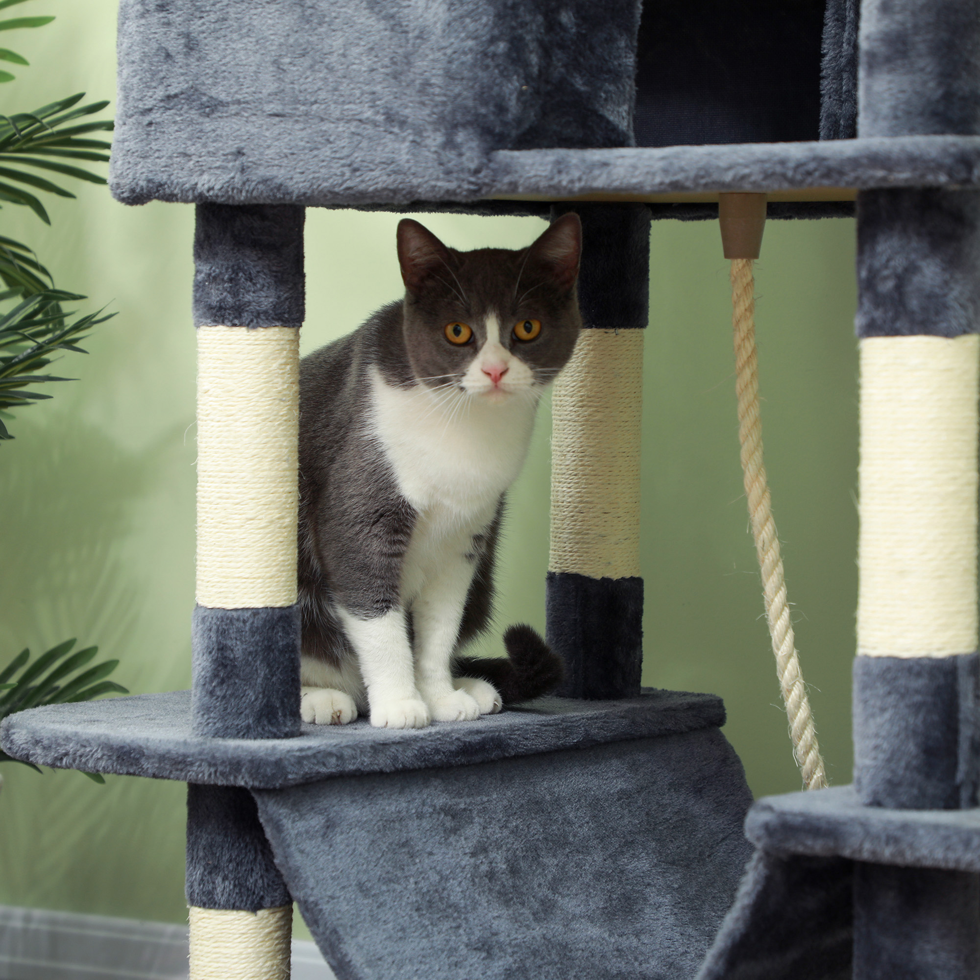 Rascador para Gatos de 81" con Postes Rascadores, Tabla Rascadora, Casitas, Camas, Hamacas, Pelotas de Juguete y Juguete de Cuerda, Gris — imagen 3