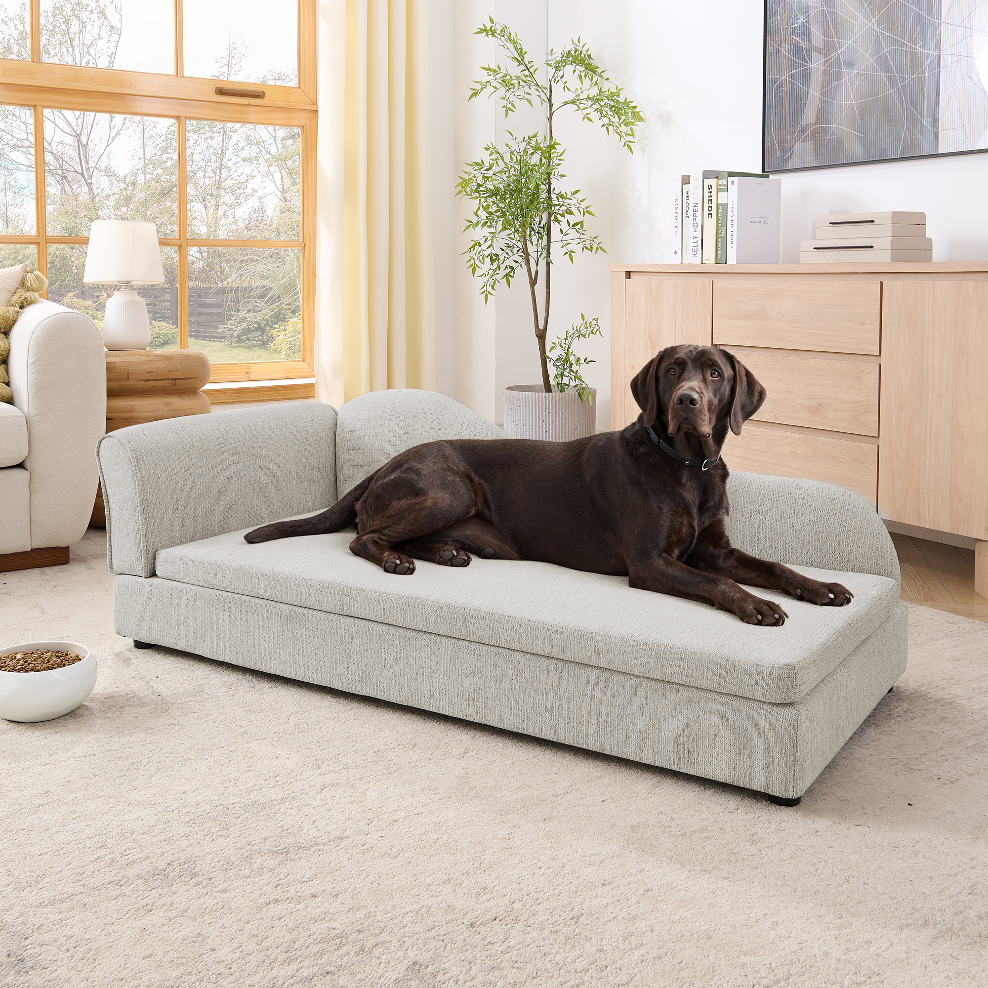 Silla de Descanso para Perros Grandes - Espalda Onda Irregular Moderna, Un Brazo, Tela de Lino Transpirable y Rebotones Suaves - Beige — imagen 1