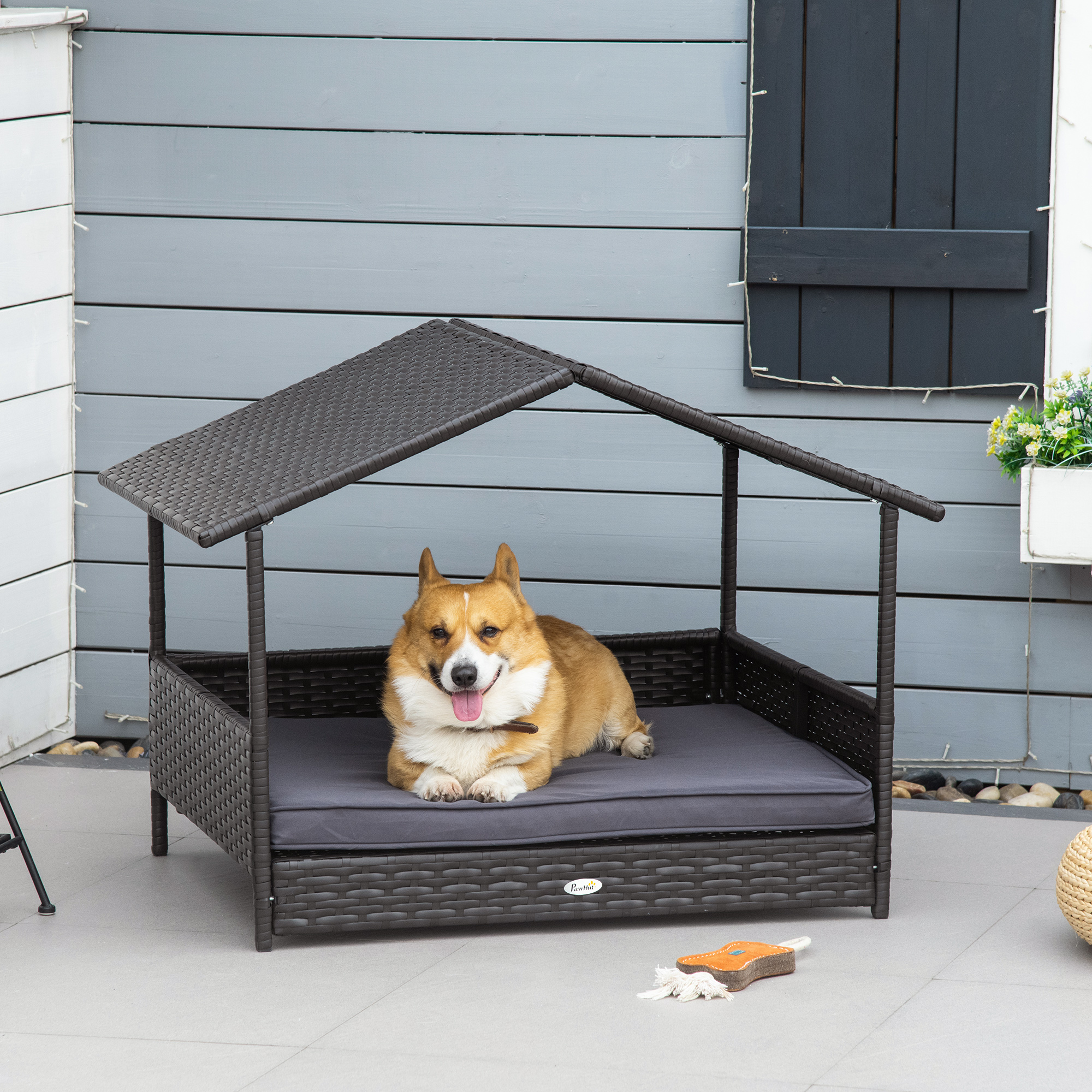 Casa de Perro en Rama Exterior con Tejado, Camarote para Mascotas con Almohada Resistente al Agua, Colchón Elevado para Razas Pequeñas y Medianas hasta 30 kg, 50 cm de Largo, Ramo Marrón, Almohada Gris — imagen 2