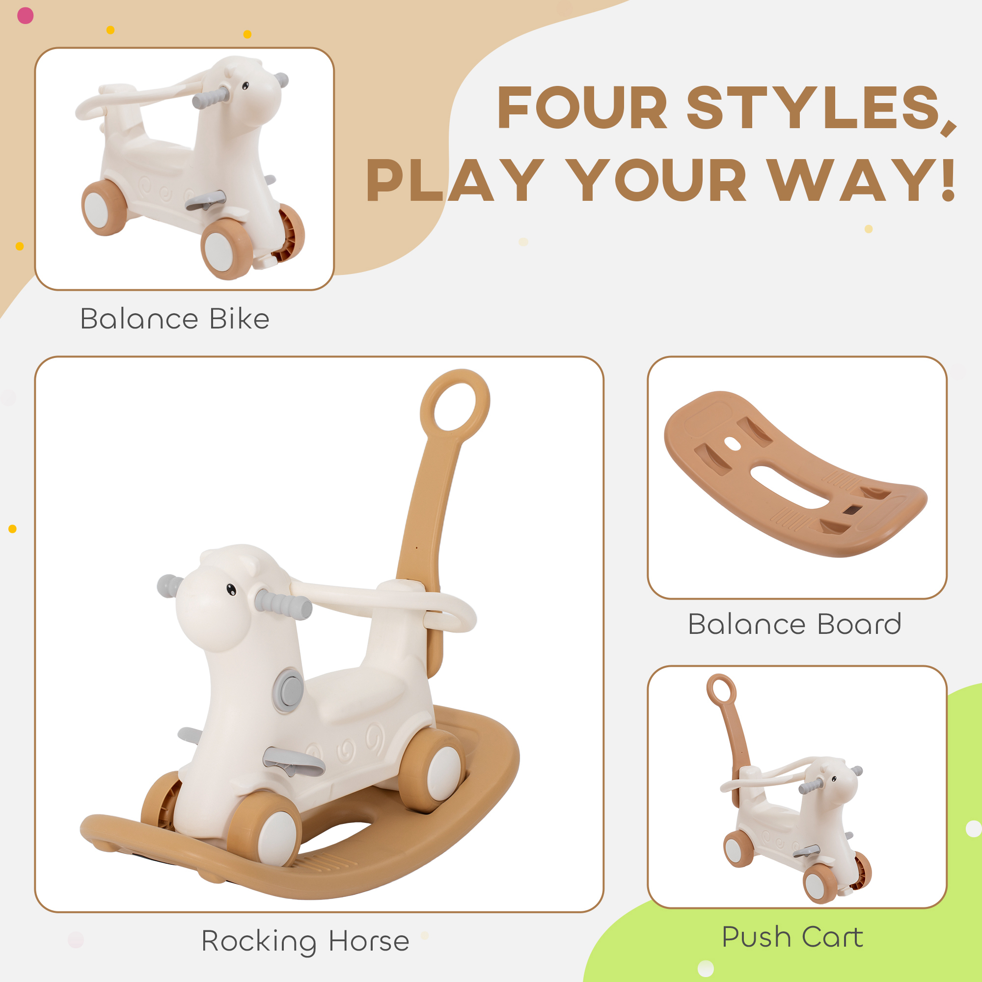 Rocking Horse for Toddlers 1-3 Years, 4-in-1 Baby Rocking Horse with Detachable Balance Board and Push Handle, Brown — image 6
