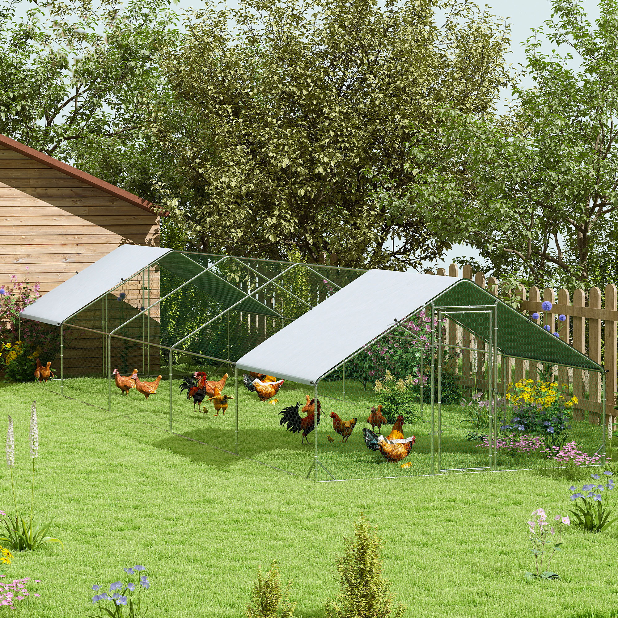 Large Chicken Coop with Waterproof and Anti-UV Cover, Spire Shaped for Outdoor and Yard Farm Use, 9.8' x 32.8' x 6.4' — imagen 1