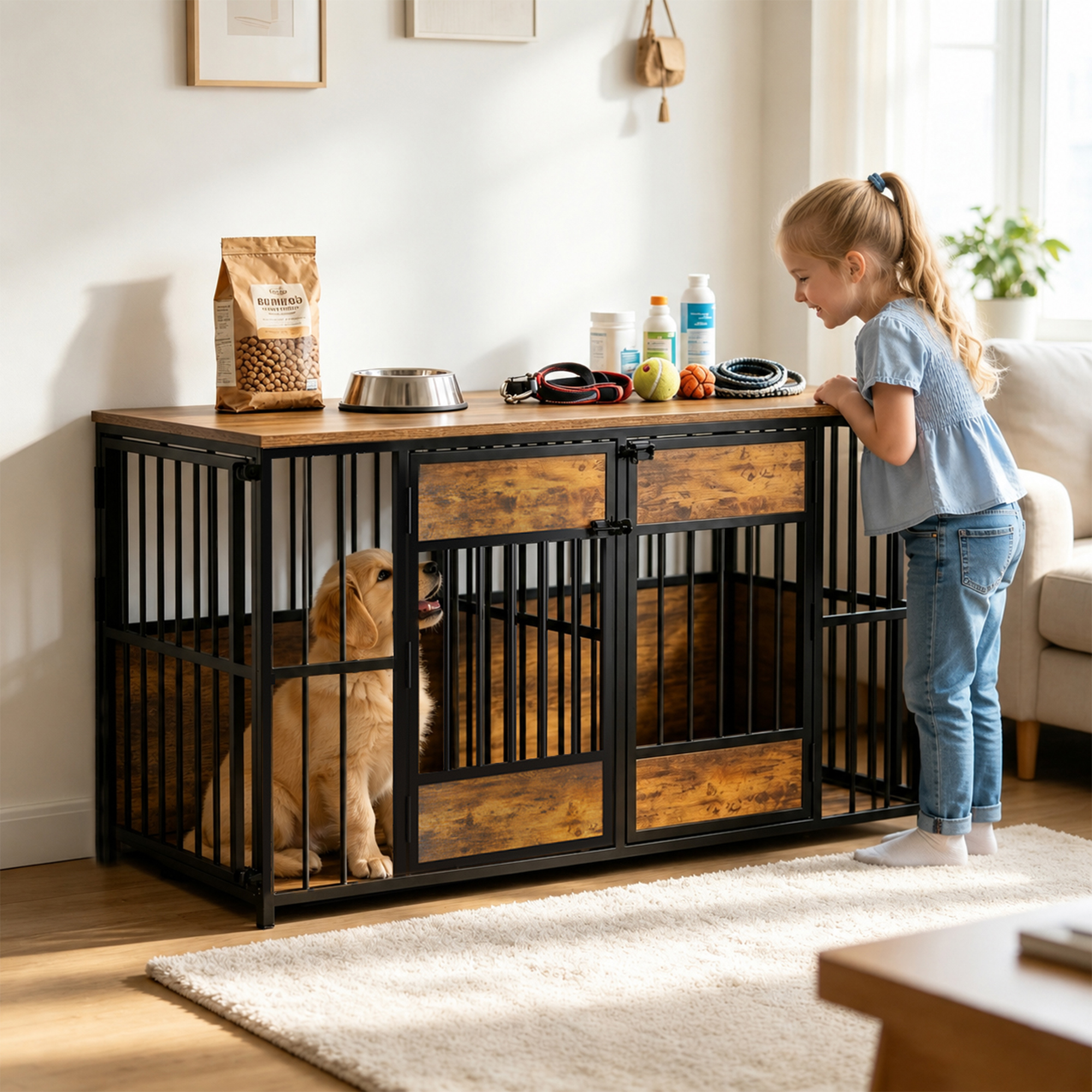 Wooden Dog Crate Furniture, Large Dog Kennel with Storage Top, Indoor Pet Cage — image 1
