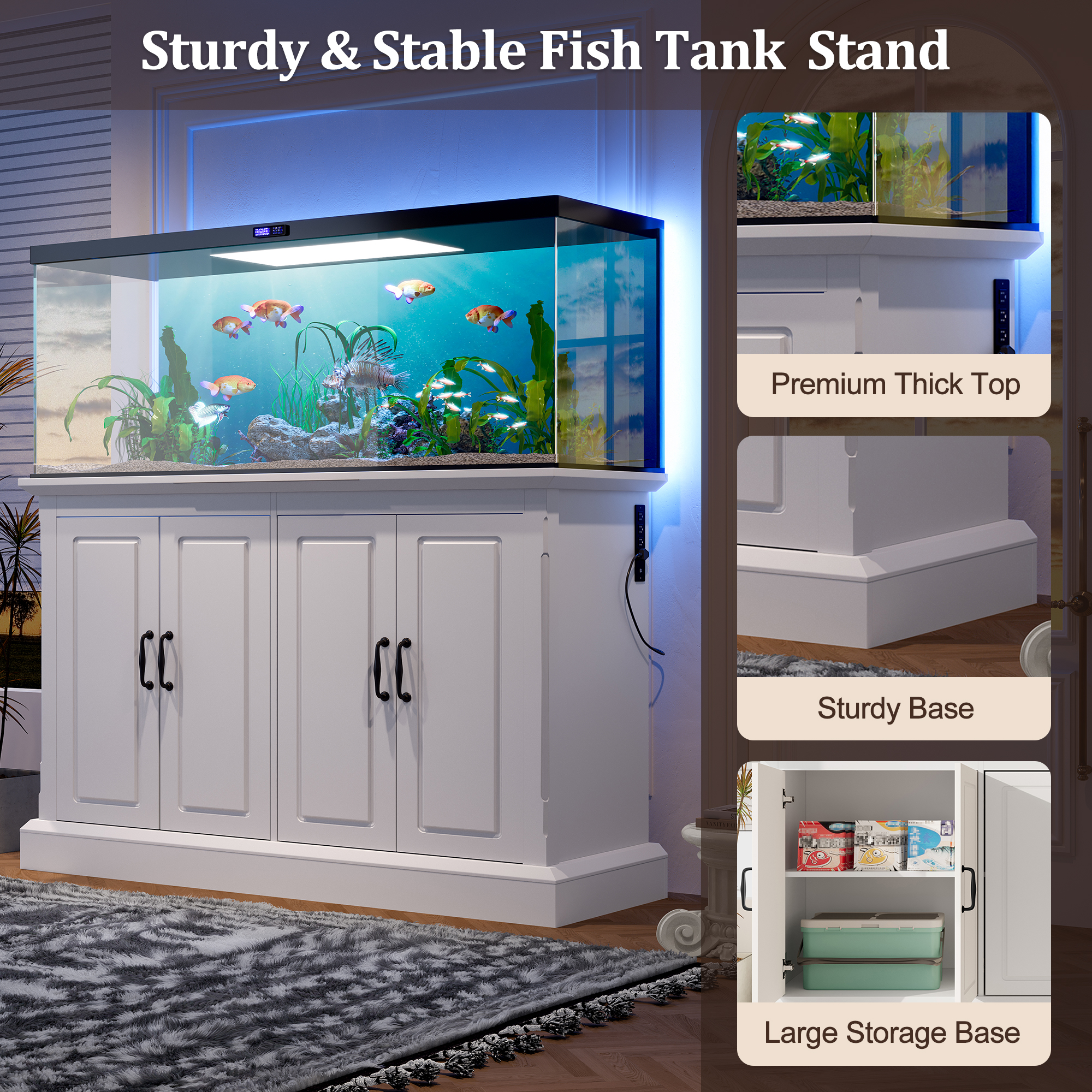 Soporte para Acuario de 55-75 Galones con Toma de Corriente, Mueble para Acuario con 4 Gabinetes, Soporte Resistente para Terrario de Reptiles y Tortugas, Blanco — imagen 4