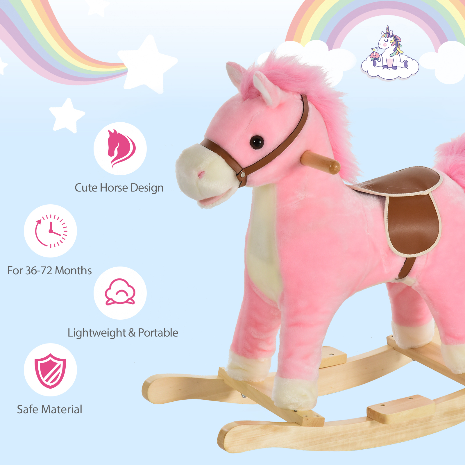 Rocking Horse Plush Animal on Wooden Rockers, Baby Rocking Chair with Sounds, Moving Mouth, Wagging Tail, Pink — image 7