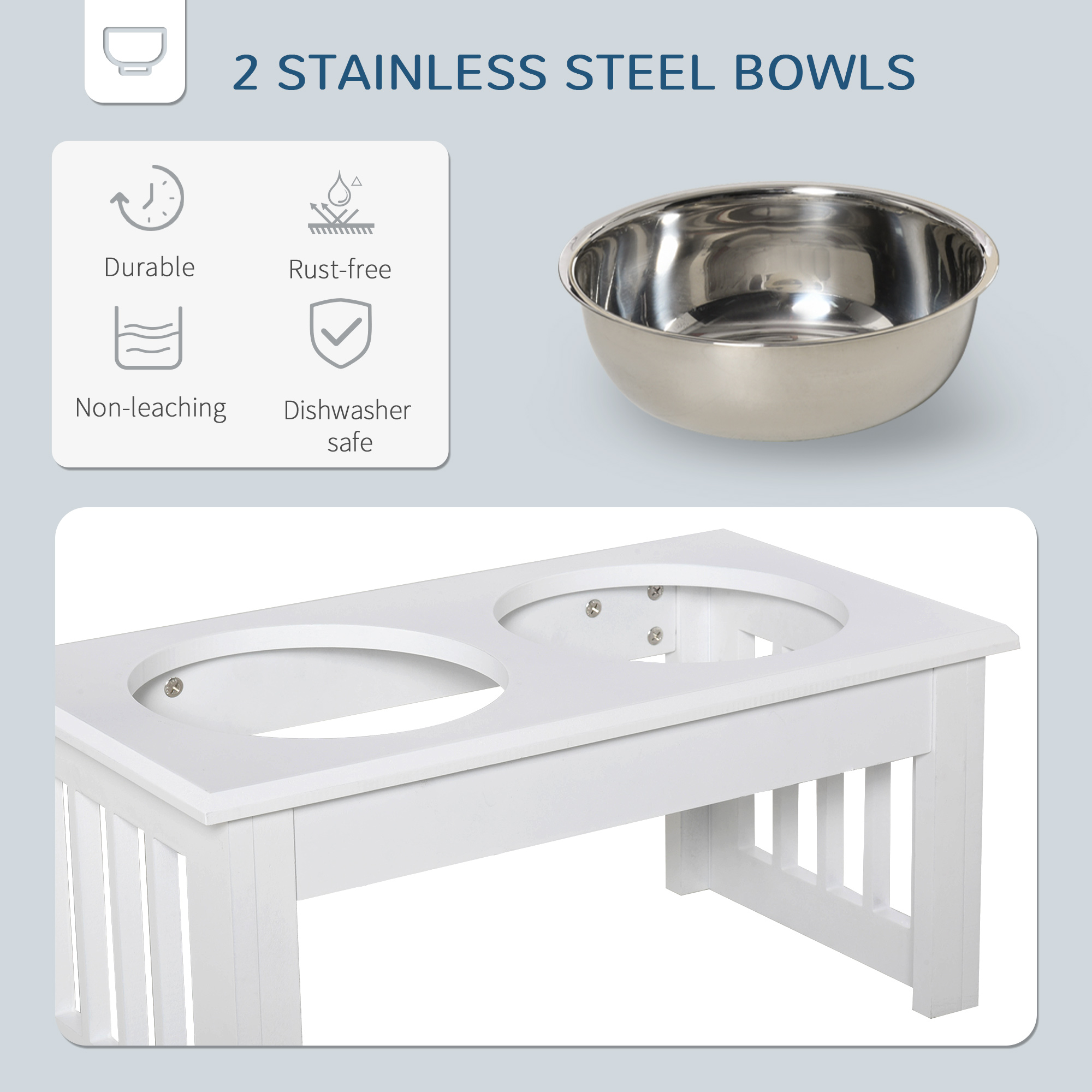 Estación de Alimentación para Perros Pequeños de 15 cm de Alto, Acero Inoxidable con Marco Moderno de Madera, Comida para Mascotas en Altura, Blanco — imagen 4