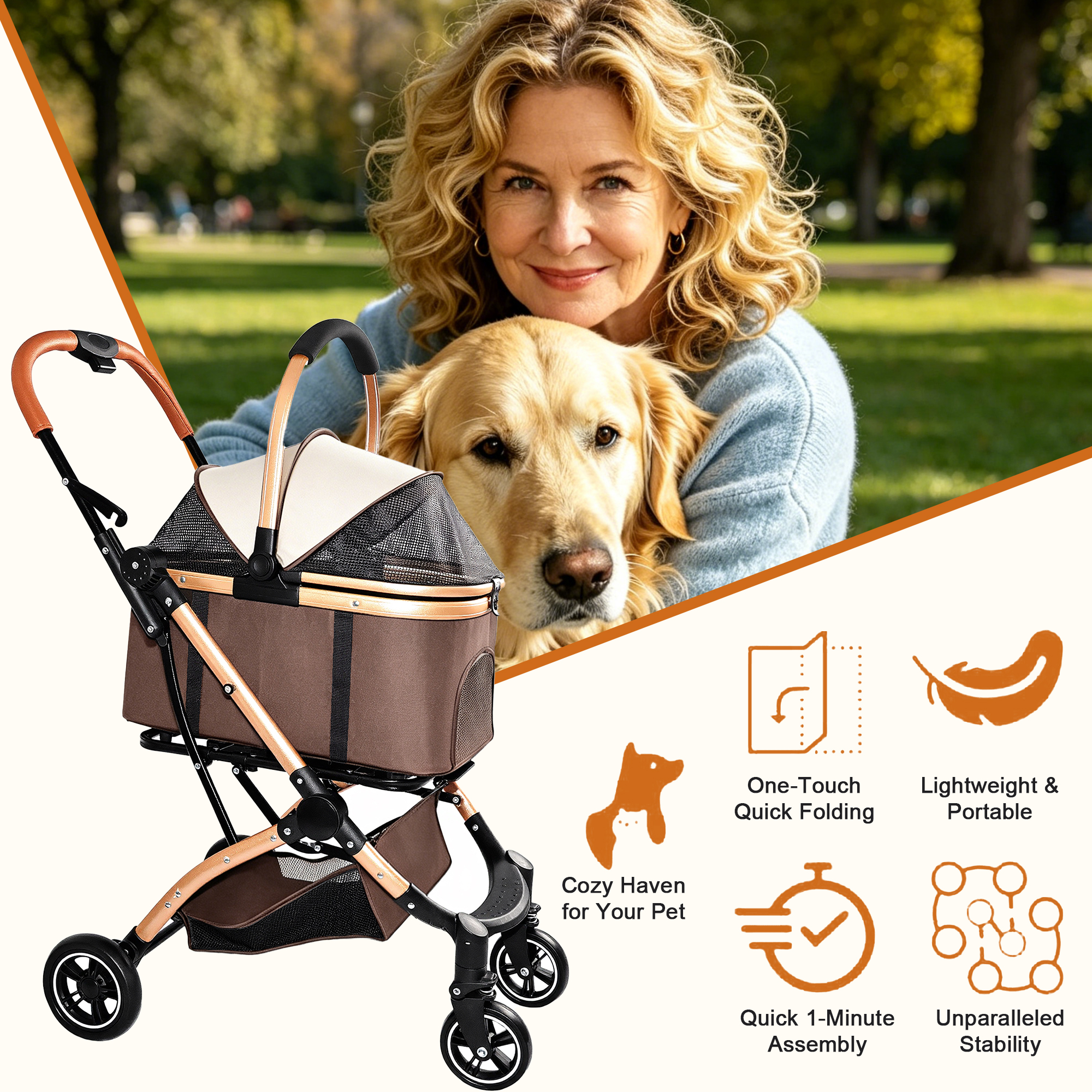 Muleta para Mascotas 2 en 1: Carruaje de 4 Ruedas Reversible con Canasta de Almacenamiento y Sombrilla Solar (Khaki + Oro) — imagen 15
