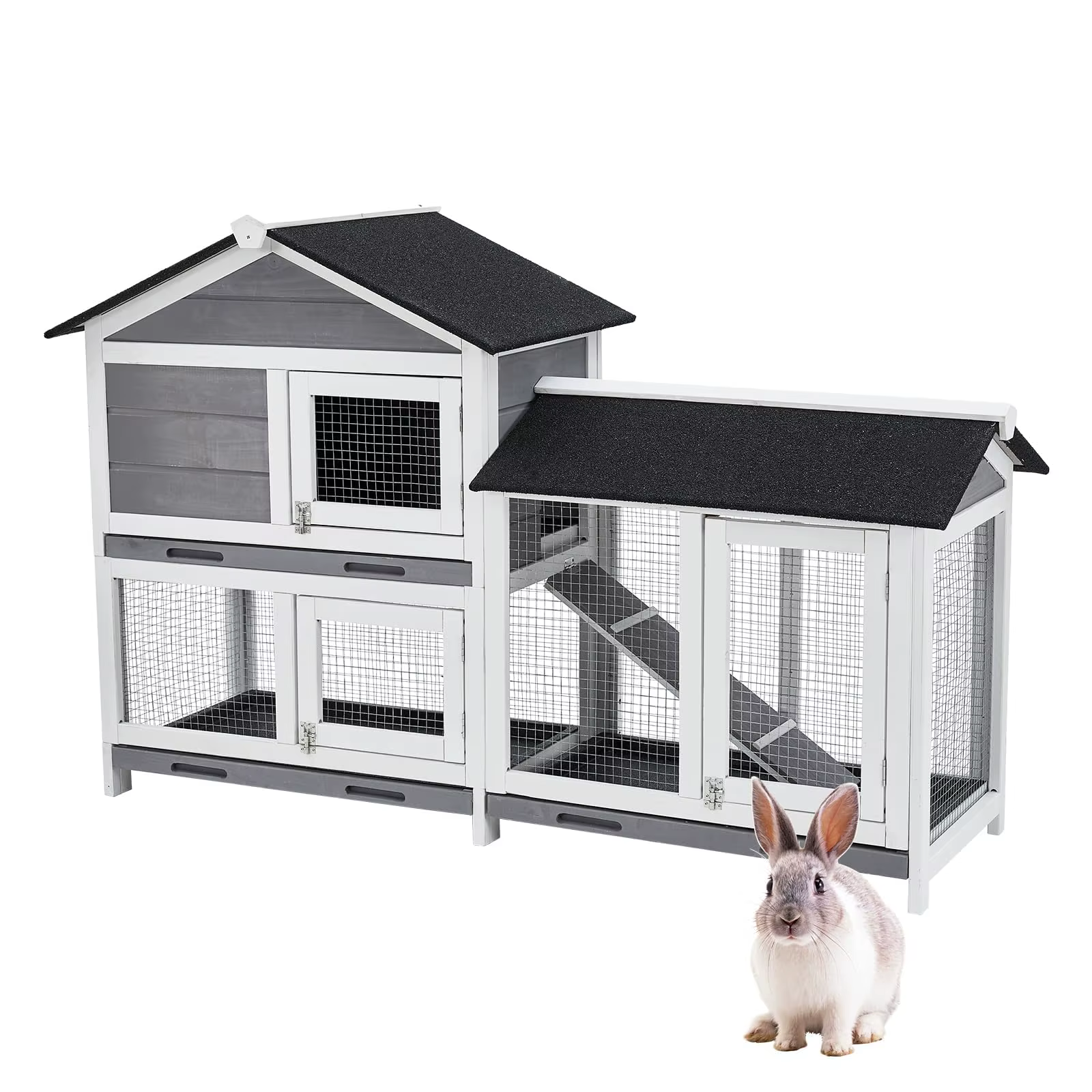 Conejera Interior de 58", Jaula para Conejos con 3 Bandejas Antifugas Removibles, Techo de Madera Impermeable, Conejera Interior/Exterior, Casa para Conejos de 2 Niveles/Gallinero, Gris y Negro — imagen 2