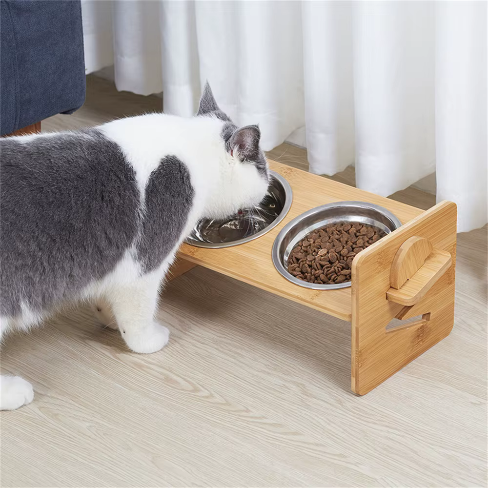 Elevated Dog Bowls with Stand Raised Dog Bowls 4 Heights Adjustable Dog Bowls Bamboo Dog Feeding Station 2 Stainless Steel Bowls — image 4