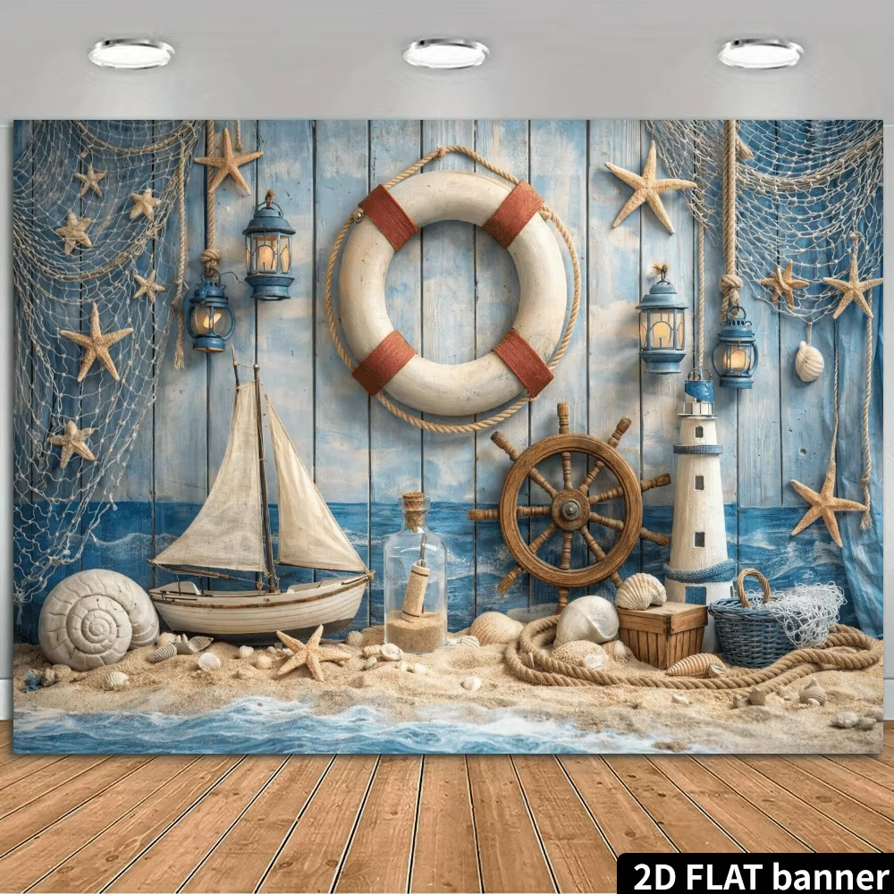 2D Flat, Nautical Lifeboat Starfish Ship Wheel Lighthouse Beach Decor Tapestry Coastal Wall Art Living Room Ocean Theme Print