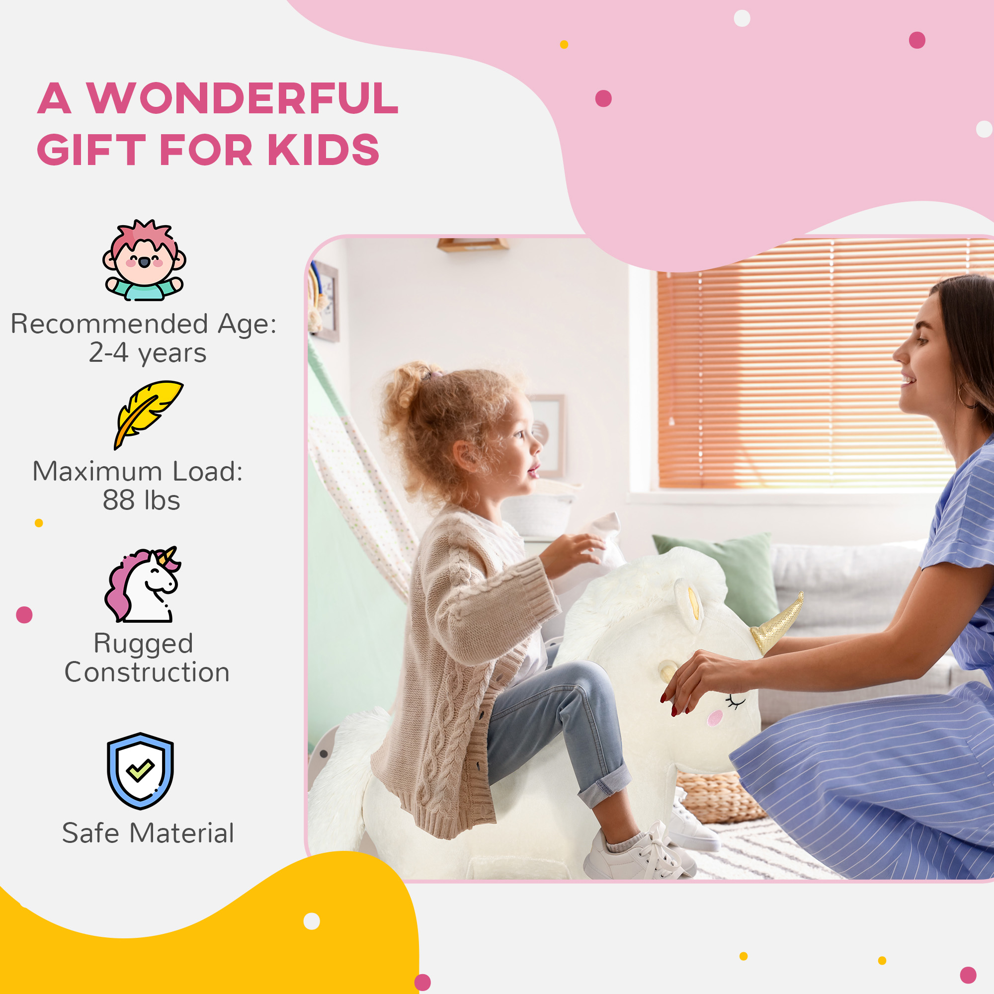 Caballo de Roca para Niños, Poni Unicornio con Sonidos Realistas & Base de Madera para Edad 2-4, Blanco — imagen 7