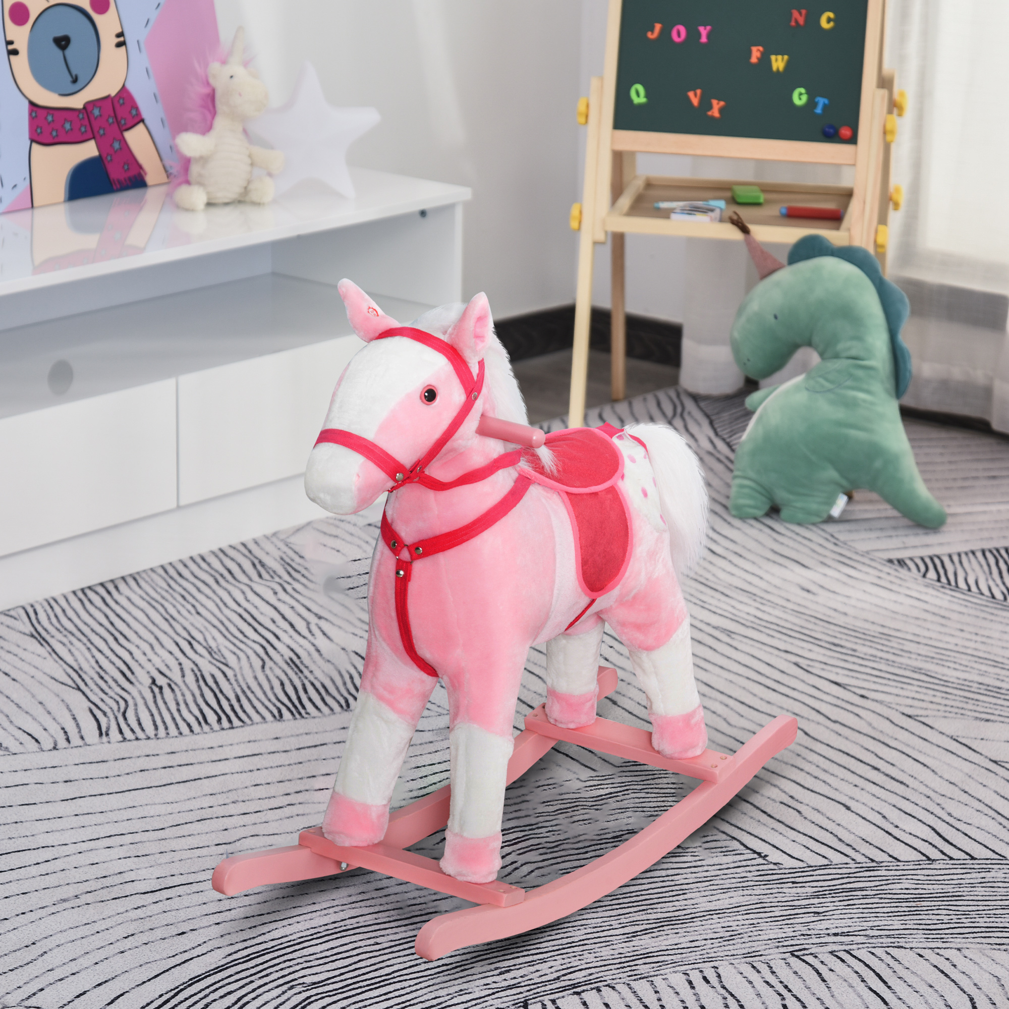 Kids Plush Toy Rocking Horse Pony Toddler Ride on Animal Rocker with Realistic Sounds, Birthday Gifts for Girls, Pink — image 1