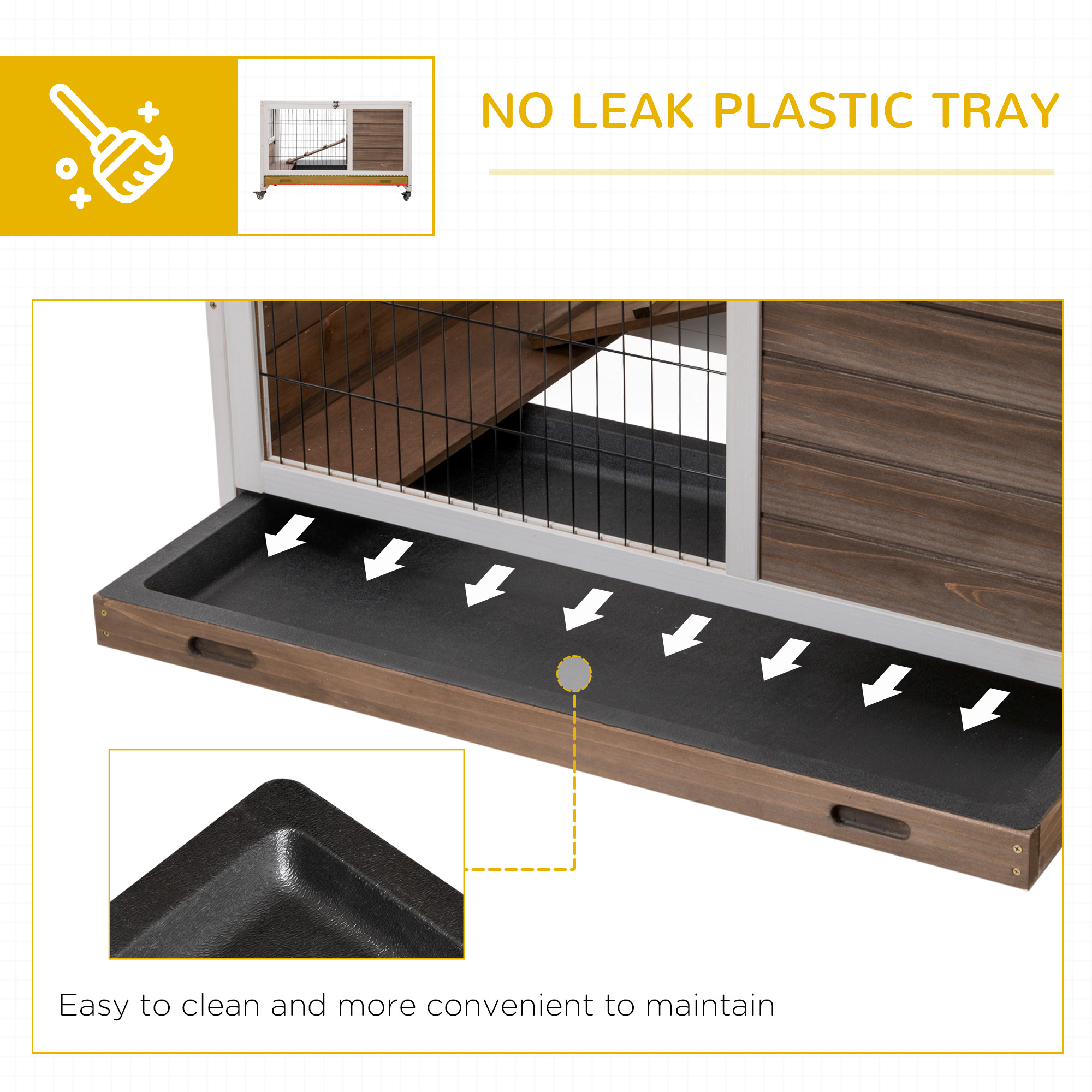 PawHut Caja de Conejo en Madera para Interior y Exterior, Jaula Elevada con Plataforma Sin Derrames Con puertas y Ruedas, Ideal para Conejos y Pequeños Animales, Marrón — imagen 5