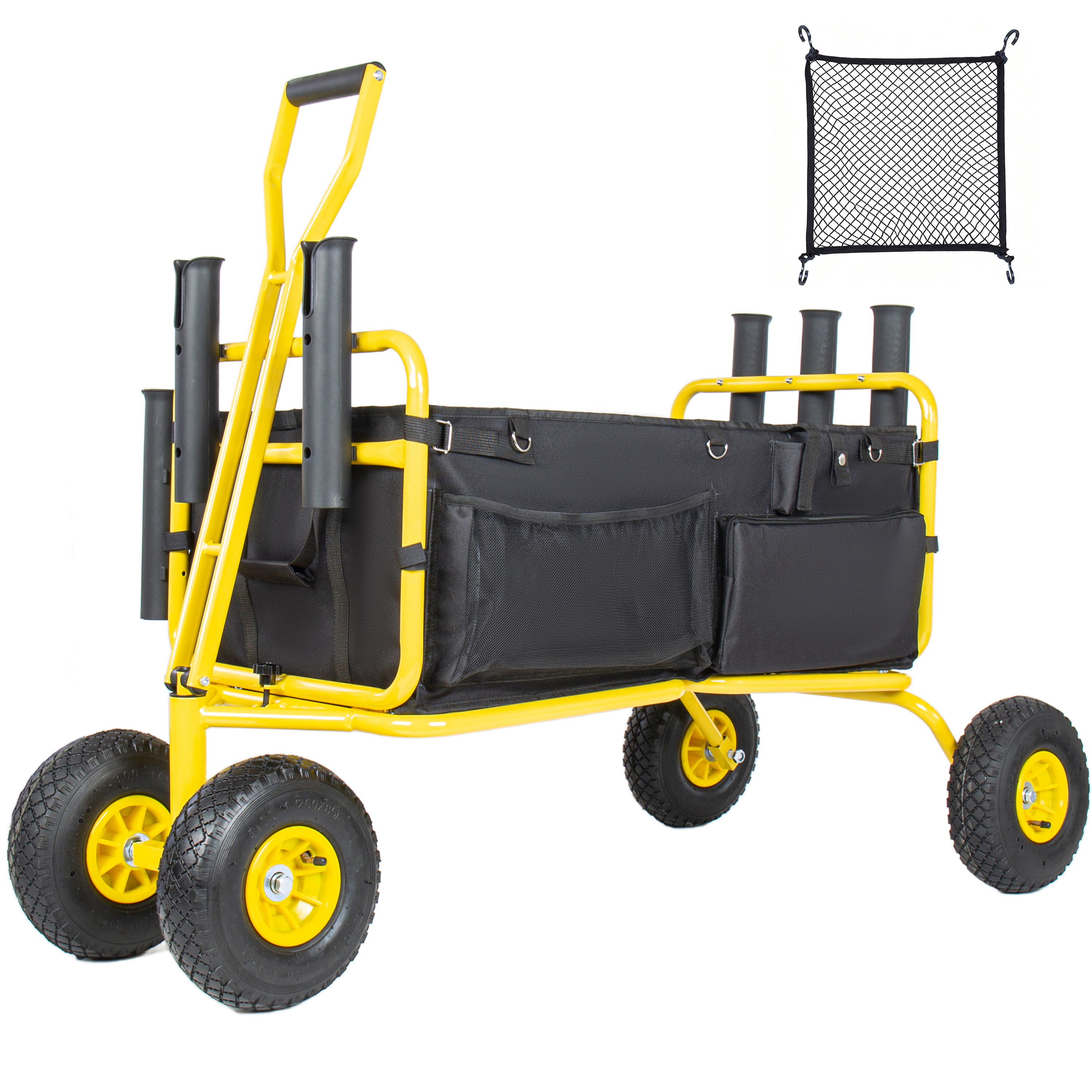 Fishing Cart Beach Cart Collapsible Wagon 9.85 All- Terrain Wheels For Sand Heavy Duty Garden Cart With Rod Holders Umbrella Holder And Storage Pockets 550lb Large Capacity Yellow Black — imagen 1