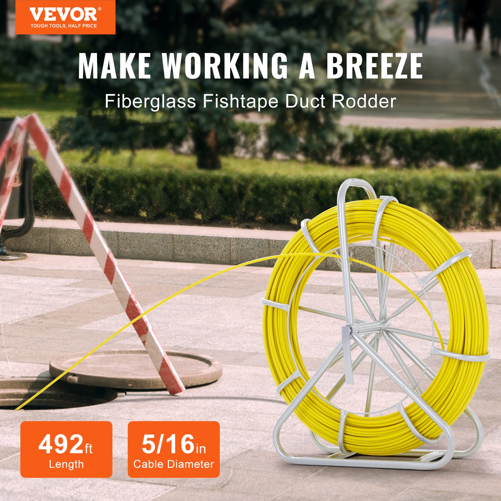 Tubo de Pescador VEVOR de Fibra de Vidrio, 492 pies, Accesorio para Cable con 3 Cabezas de Extracción y Soporte de Rueda de Acero, Herramientas para Pesca en Muros y Conduits Eléctricos No Conductores — imagen 1