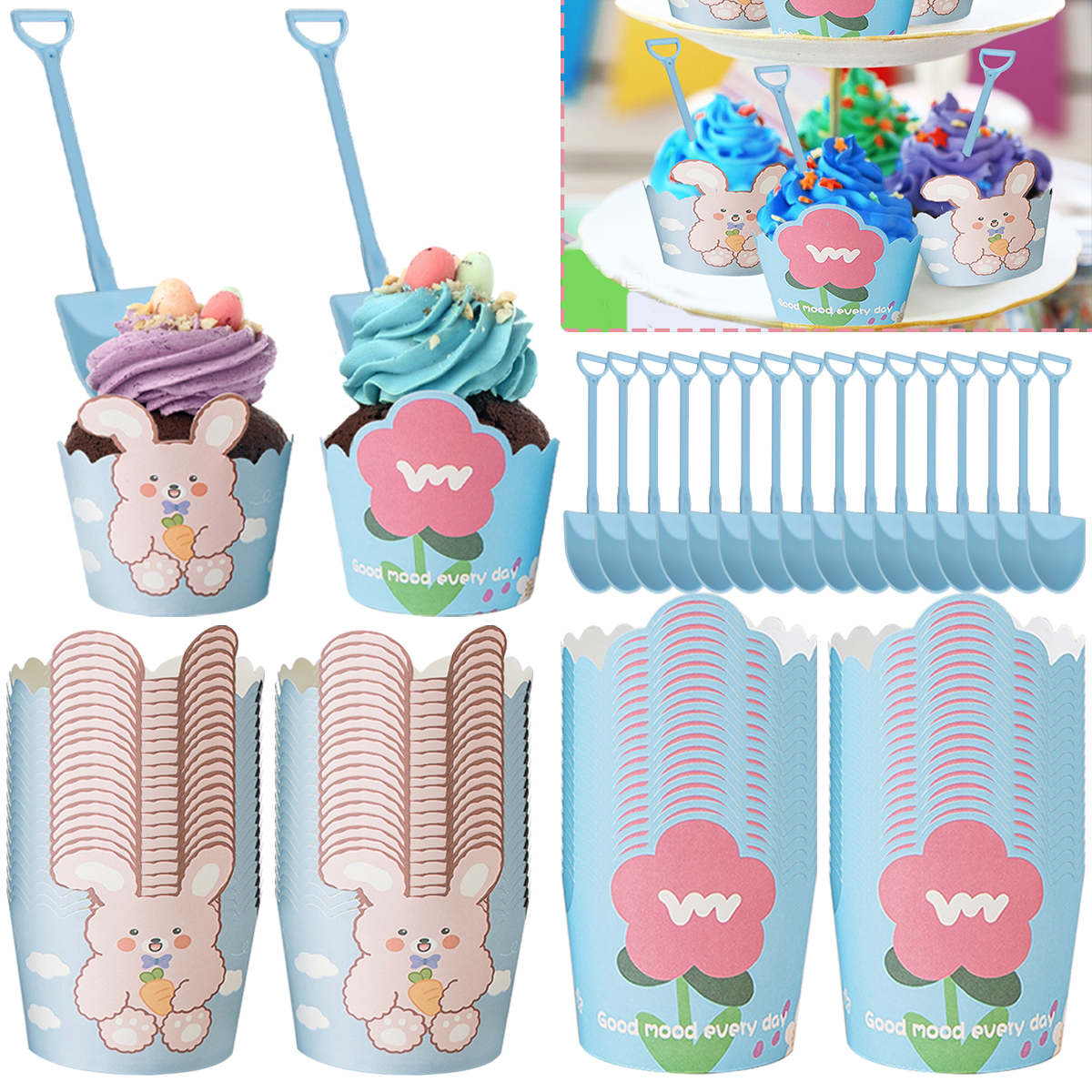 Cute Cupcake Liners Wrappers With Plastic Spoons Bunny Flower Pattern Paper Baking Cup Scalloped Edge Cupcake Muffin Cases For Easter Spring Birthday Wedding Holiday Party Supplies — image 6