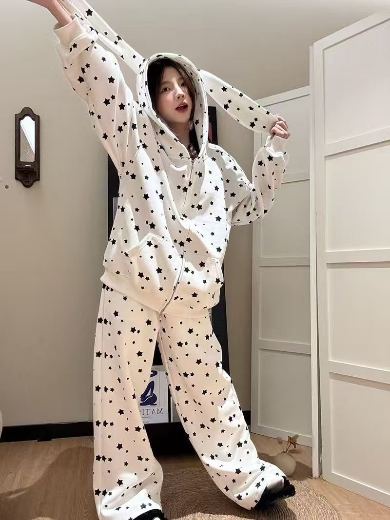 Star Print Rabbit Ears Fashion Set for Women, Hooded Sweatshirt Cardigan, Lazy Loose Two-Piece Set — image 7