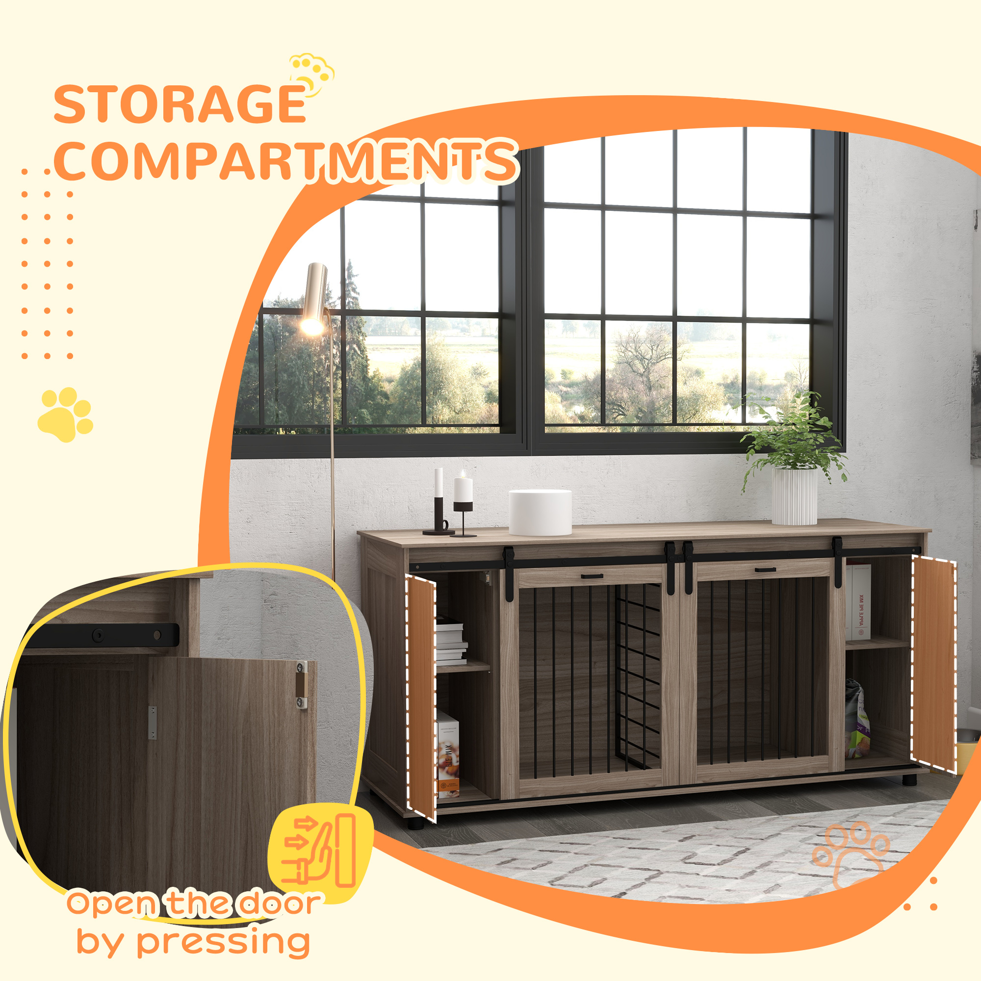 Casa de Perro Moderna de 71" con Panel Divisor Removible y Almacenamiento para 2 Pequeños o 1 Gran Canino, Roble — imagen 2