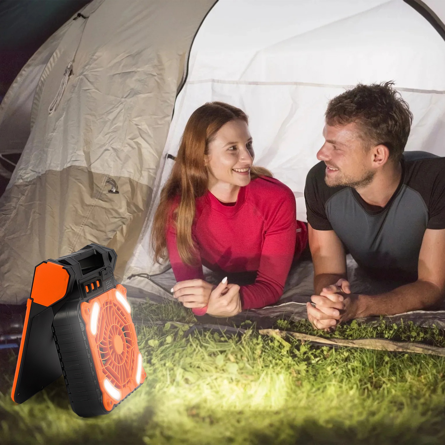 Solar Camping Fan With LED Lantern 5200mAh Rechargeable Battery Operated Portable Fan With Emergency Power Bank 4 Wind Speeds 3 Light Modes 3 Timers For Hiking Fishing Travel — image 9