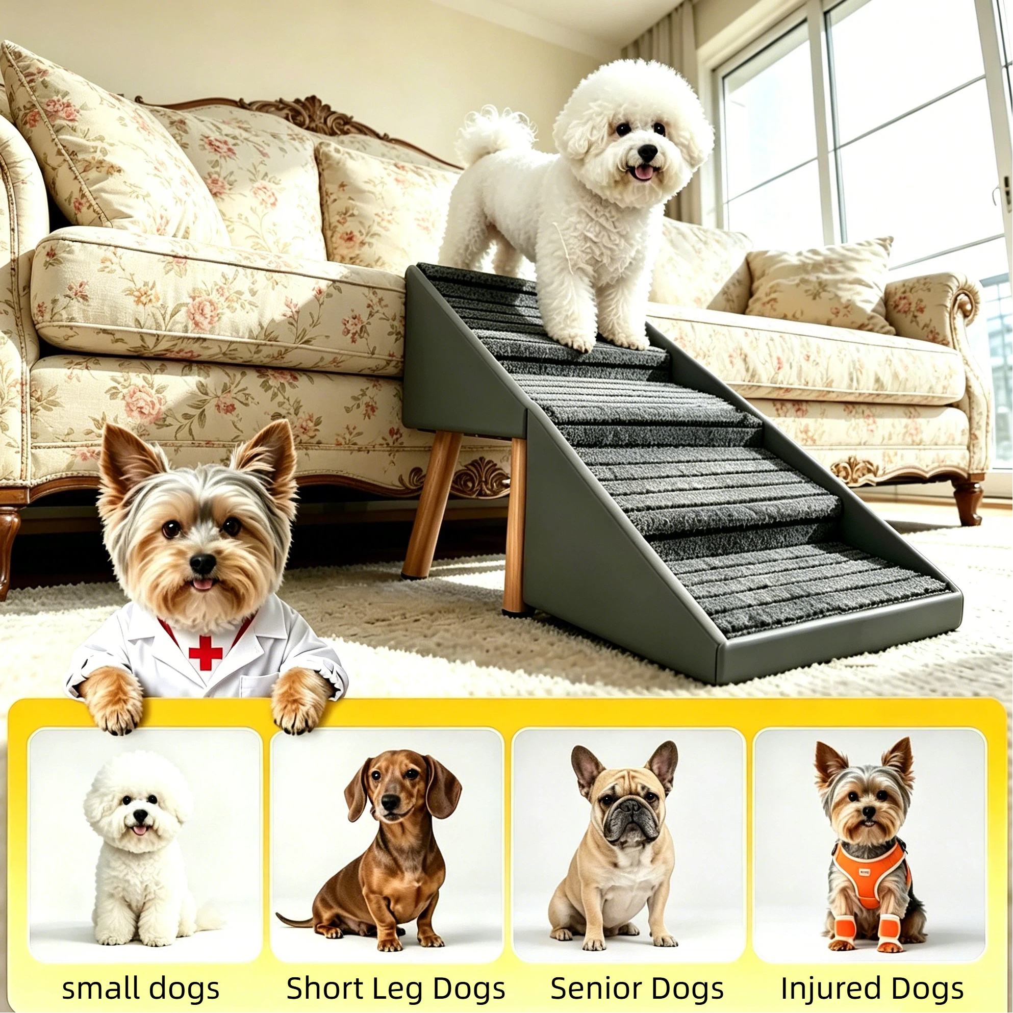 Escalera para Perros 2 en 1 para Cama y Sofá, 19.69" Rampa Plegable para Perros con 4 Escalones y Otomana para Perros Pequeños, Gris — imagen 7