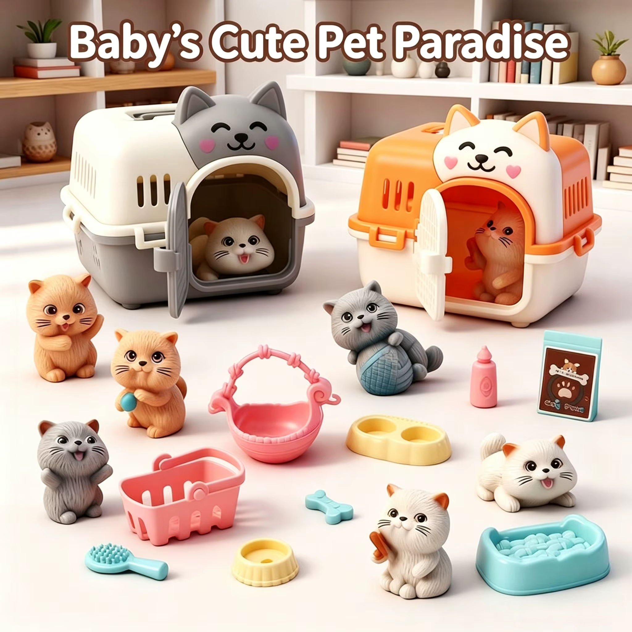 1 Set Pretend Play Pet Cat Cage Toy Set, Cute Animal Figures with Doll Furniture, Montessori Educational Role Play Toys for Gift — image 2