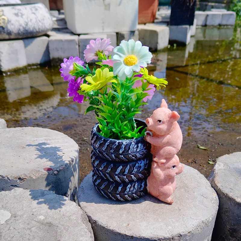 Creative and Cute Pig Tire Flower Pot Courtyard Garden Decoration — image 2