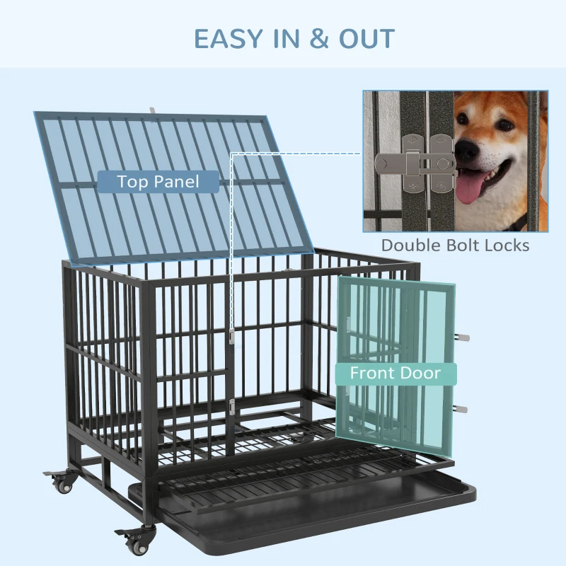 Heavy Duty Dog Crate Metal Cage Kennel With Lockable Wheels, Double Door And Removable Tray, Gray — imagen 11