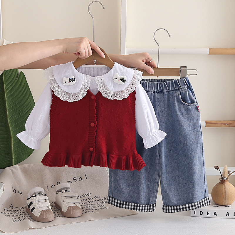 Stylish Cartoon Cat Collar Girls 3-Piece Autumn Spring Outfit — image 5