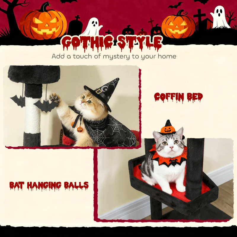 Gothic Cat Tree, Cat Tower With Coffin Bed, 2 Spacious Condos, Sisal Scratching Posts, Bat Hanging Balls, Halloween — imagen 8