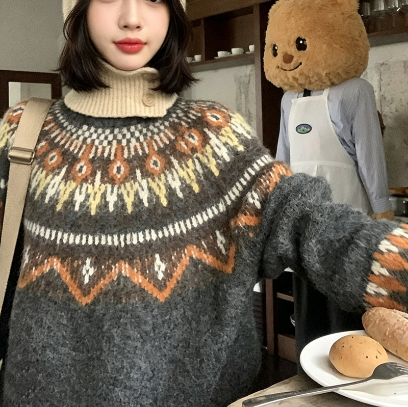 Vintage Fair Isle Faux Alpaca Wool Crew Neck Pullover Sweater Relaxed Fit — image 4