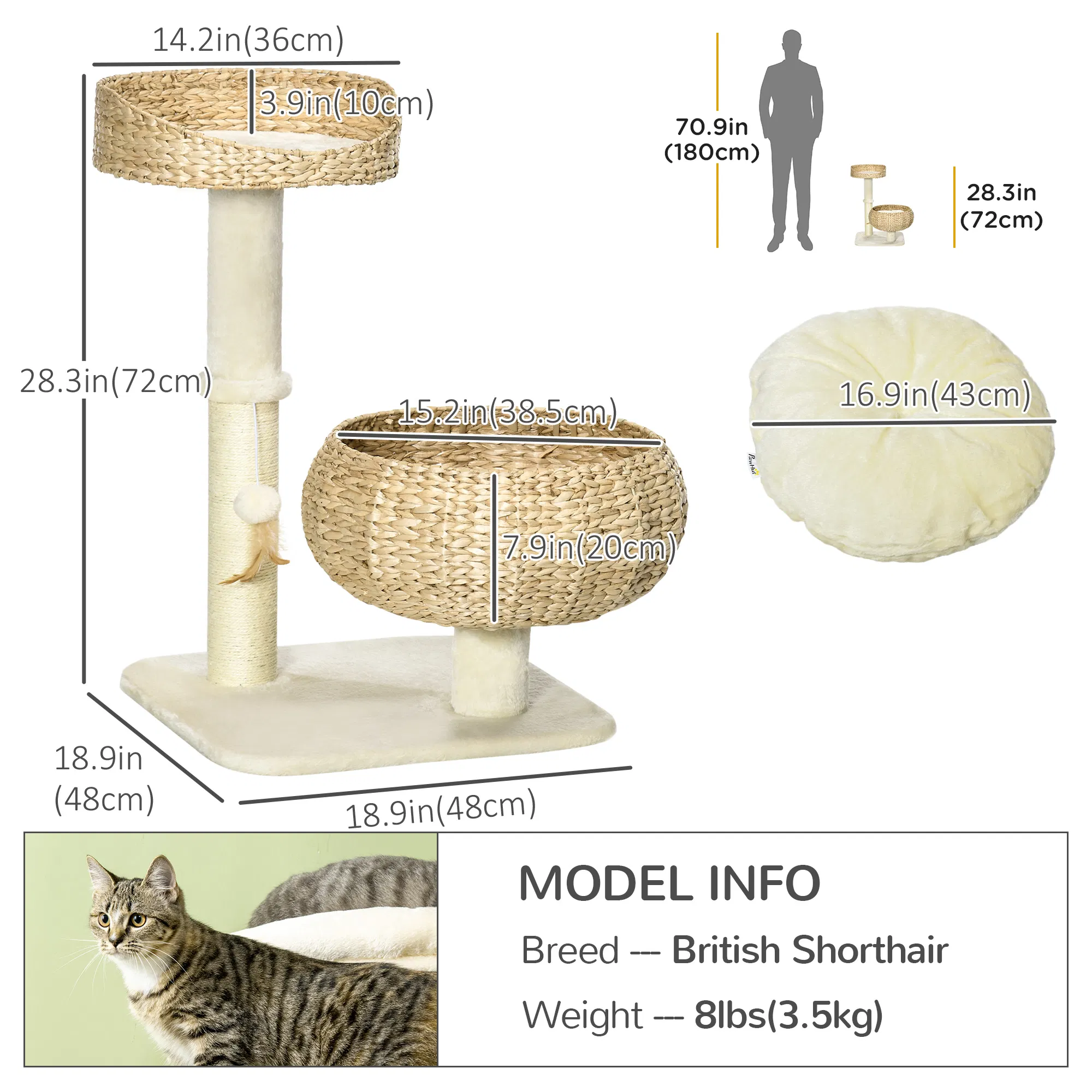 28" Cat Tree with Scratching Post, Cat Tower with Double Beds, Beige — image 6