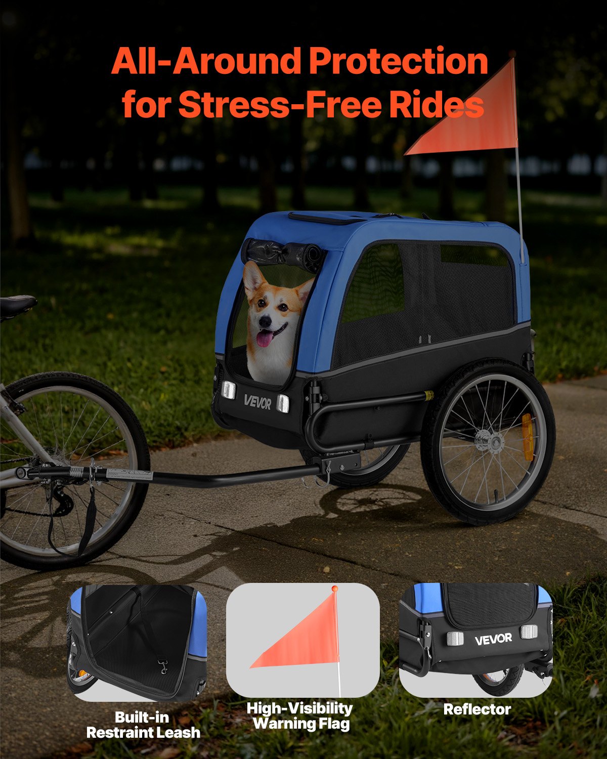 Tráiler de Bicicleta para Perros, Soporta Hasta 30 kg, Cesta Universal para Pequeños y Medianos Perros, Estructura Plegable Fácil con Rueda de Liberación Rápida, Acoplador Universal para Bicicletas, Reflector, Bandera, Correa Interna — imagen 2