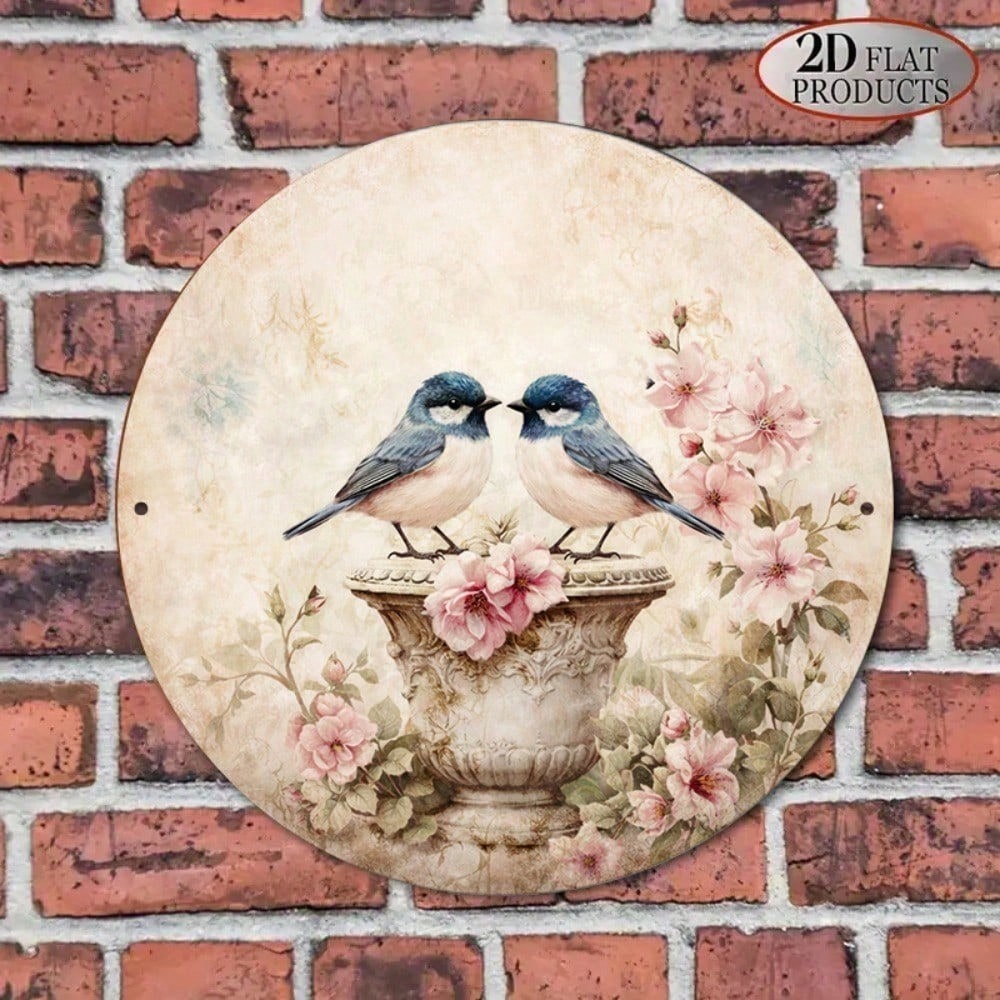 Vintage Bird & Flower Round Sign 8x8in Chinese Style Yard Decor — image 1