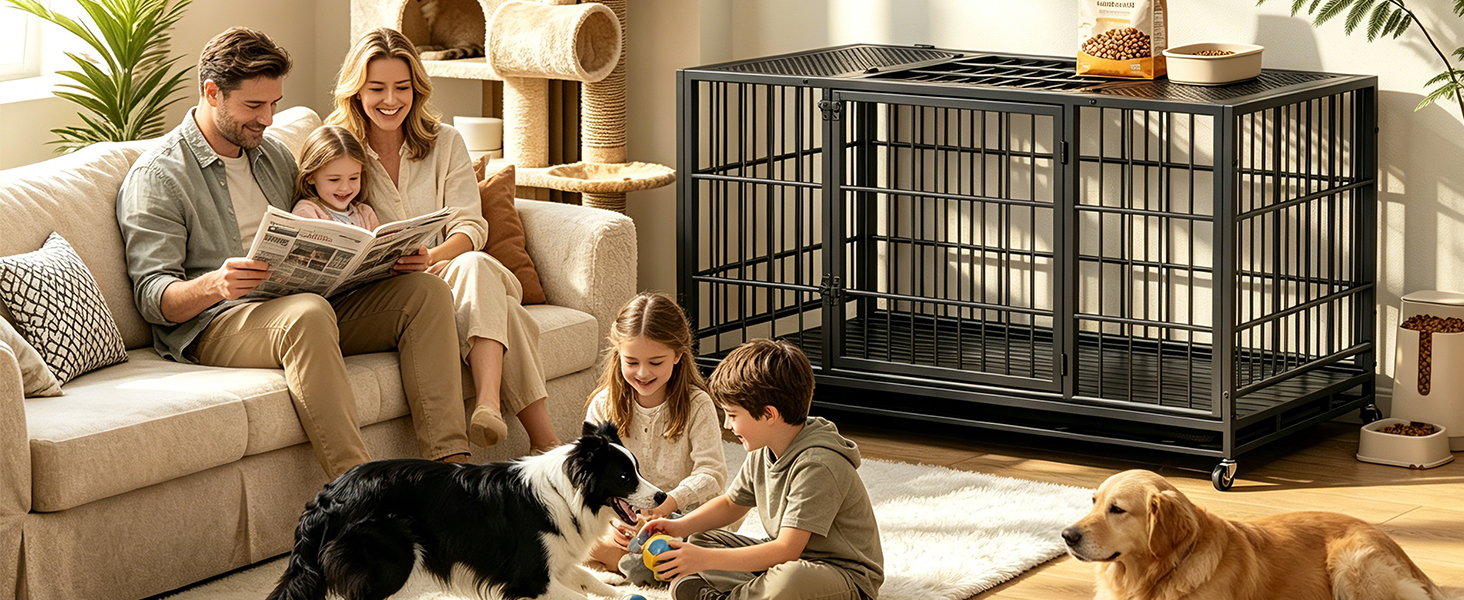 Heavy Duty Dog Crate, Mobile Pet Kennel with Lockable Wheels & Rotary Twist-Latch, Indoor Outdoor Metal Cage with Perforated Top — image 6