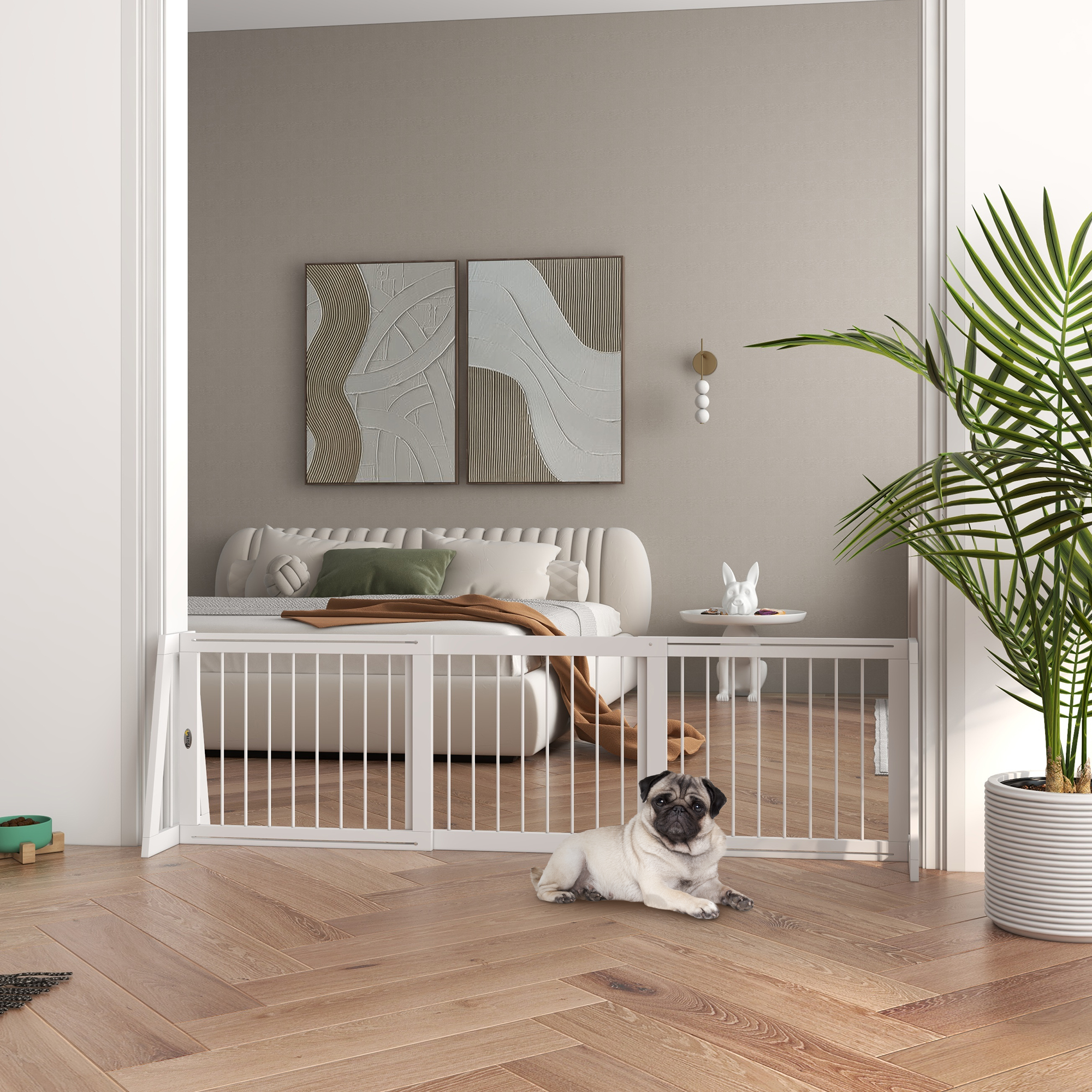 28"-75" Freestanding Wooden Pet Gate with Support Feet & Non-Slip Mats for Indoor, Stairway, Doorway, White — image 4