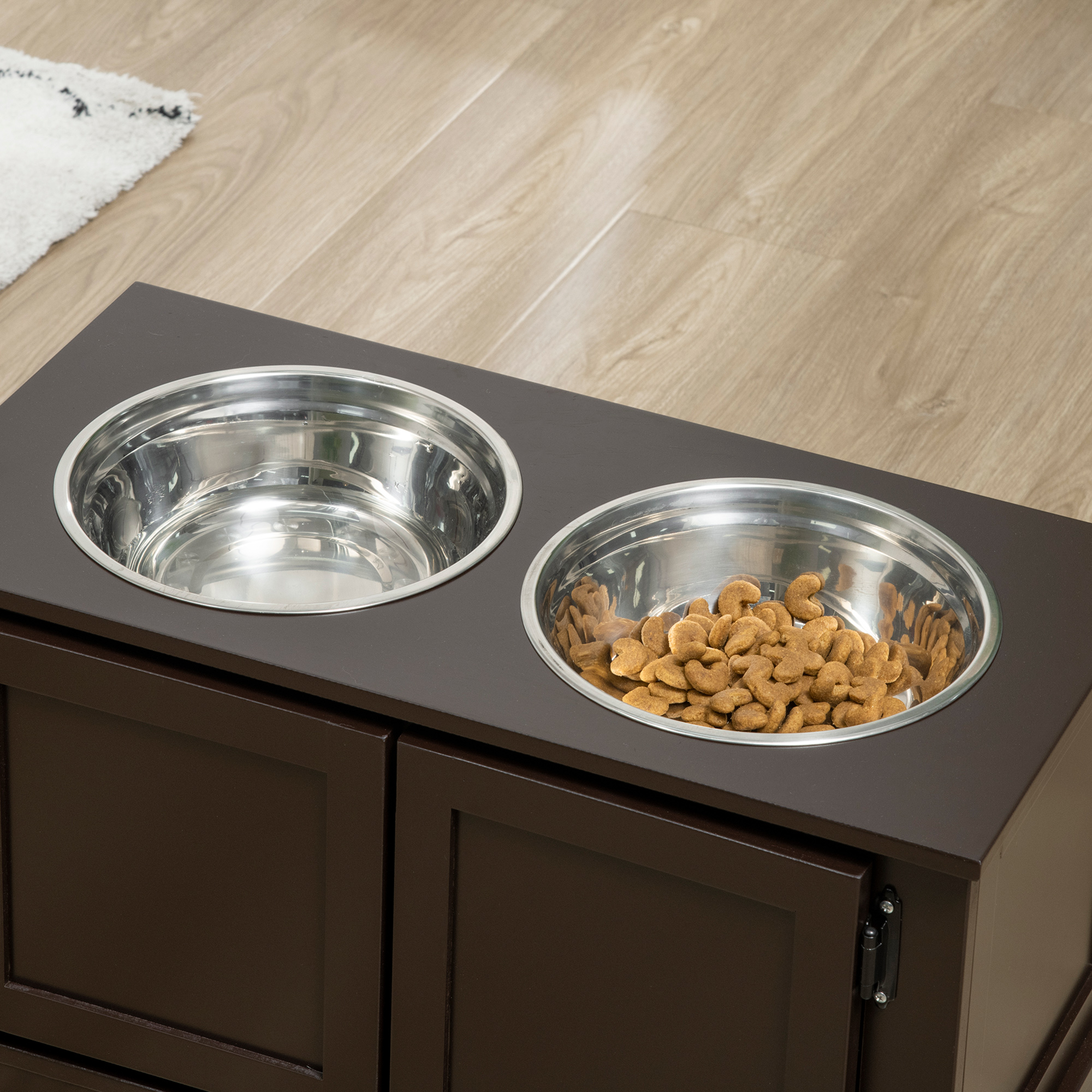 Comedor Elevado para Perros con Almacenamiento, Dos Tazas de Acero Inoxidable para Perros Grandes, Café — imagen 7